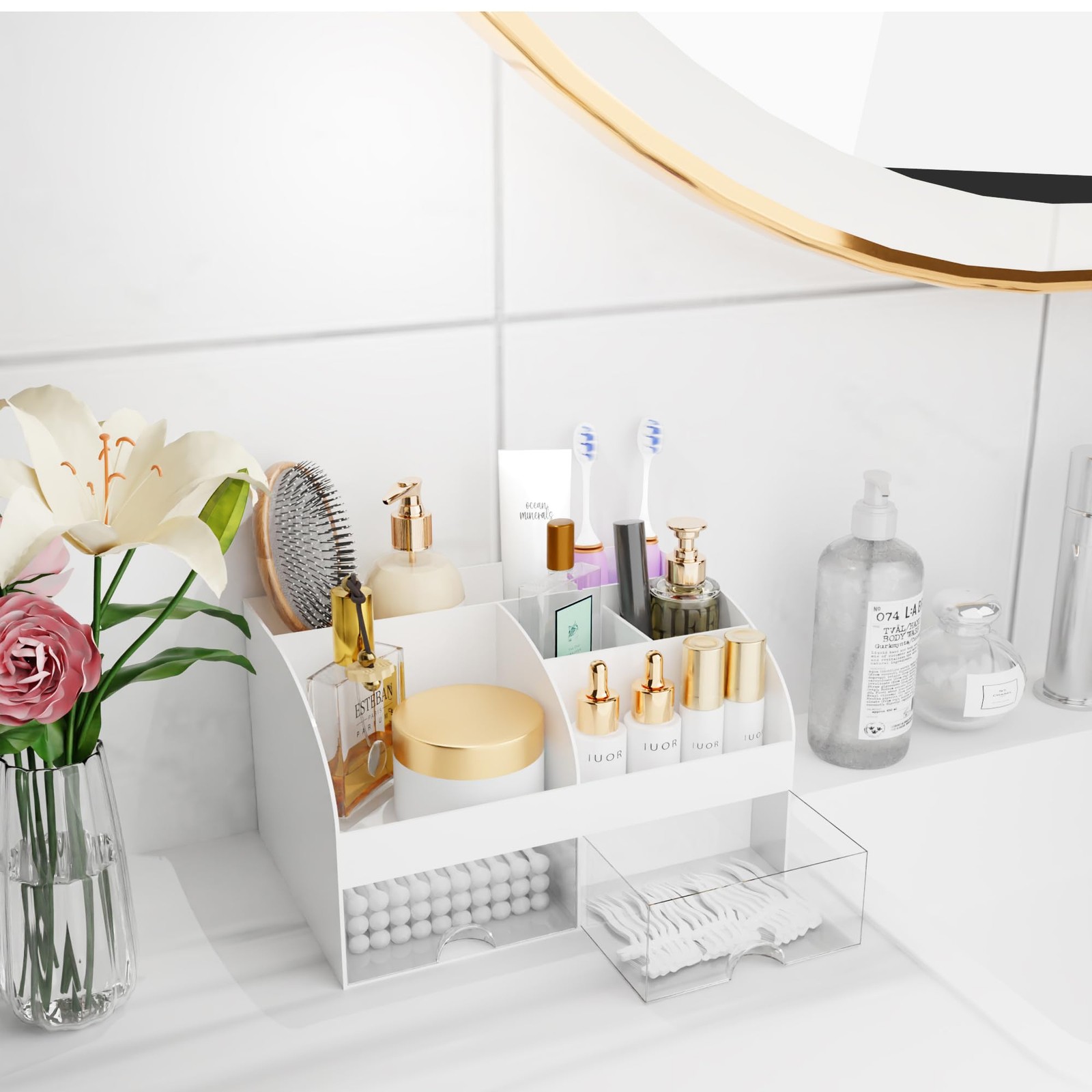 Makeup Organizer with Drawers, Cosmetic Storage for Dresser Vanity and White