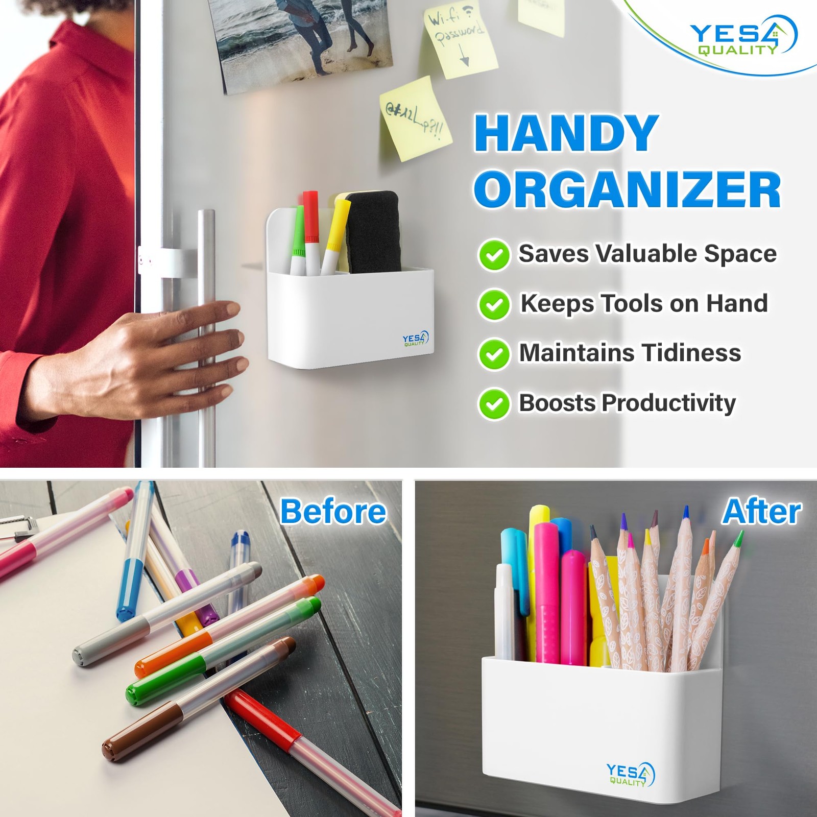 YES4QUALITY Magnetic Pen Holder with Strong Back & 2 White