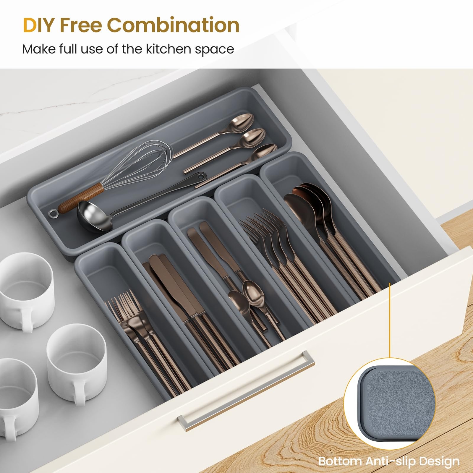 K KORKUAN 6 Pack Silicone Drawer Organizer for Kitchen, DIY Free 6 Pack, Grey