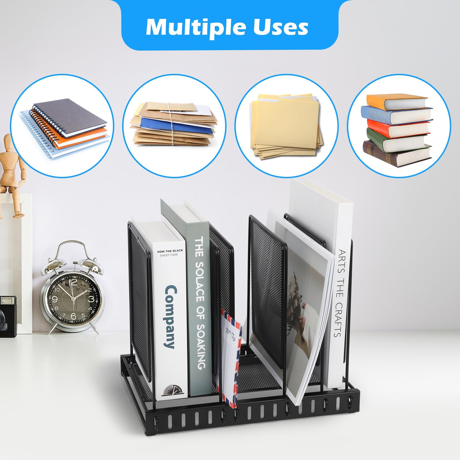 EASEPRES 5 Section Vertical Metal Mesh Desk File Organizer, Spacing Adjustable U