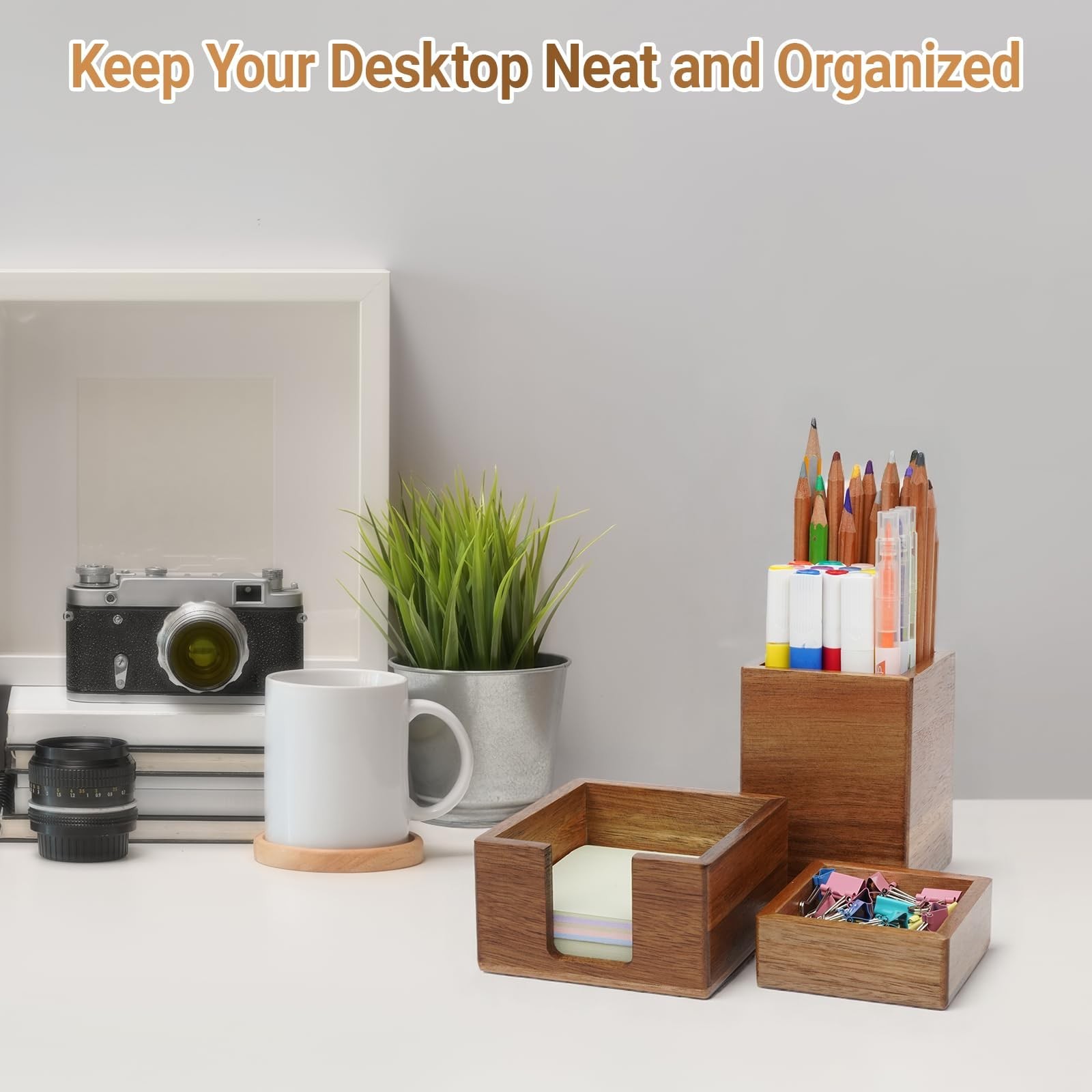 3 PCS Brown Wooden Desk Organizer Set Pine Wood Office Desk Accessories with …