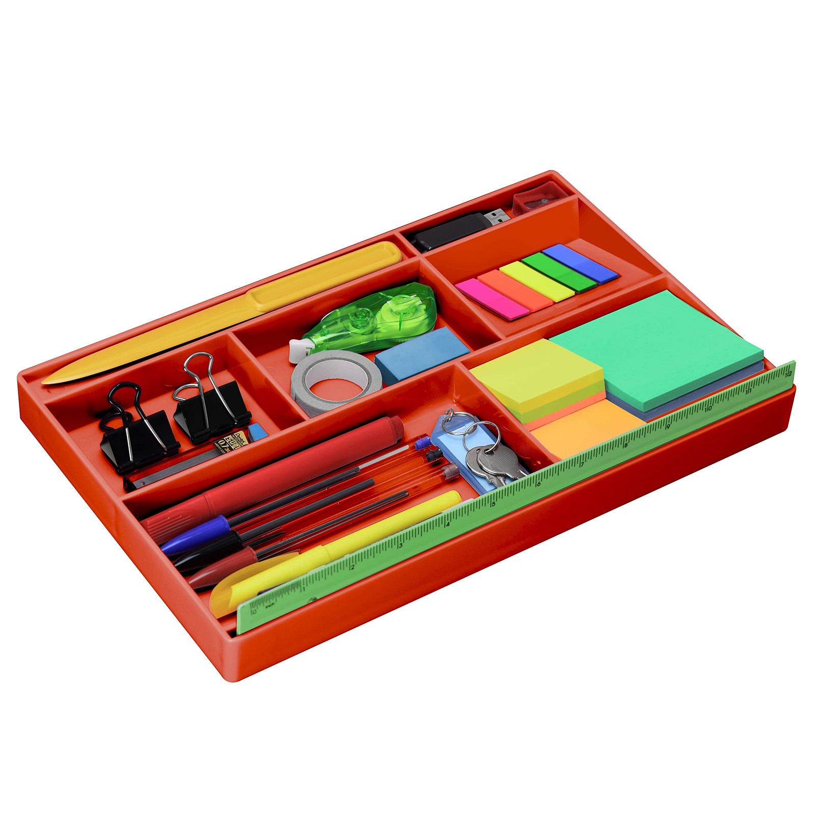 8 Compartment Plastic Desk Drawer Organizer Tray 12.75x8x1.06 Inch Red Color