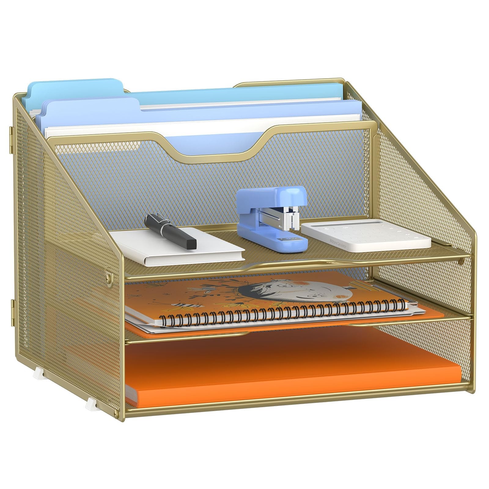 Gold Mesh Desk Organizer with 3 Trays, 2 Upright File Sections