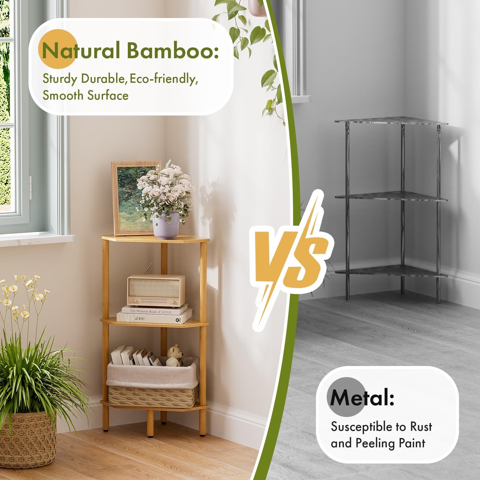 3 Tier Bamboo Corner Shelf, Storage Stand with Adjustable Feet, Small Space C…
