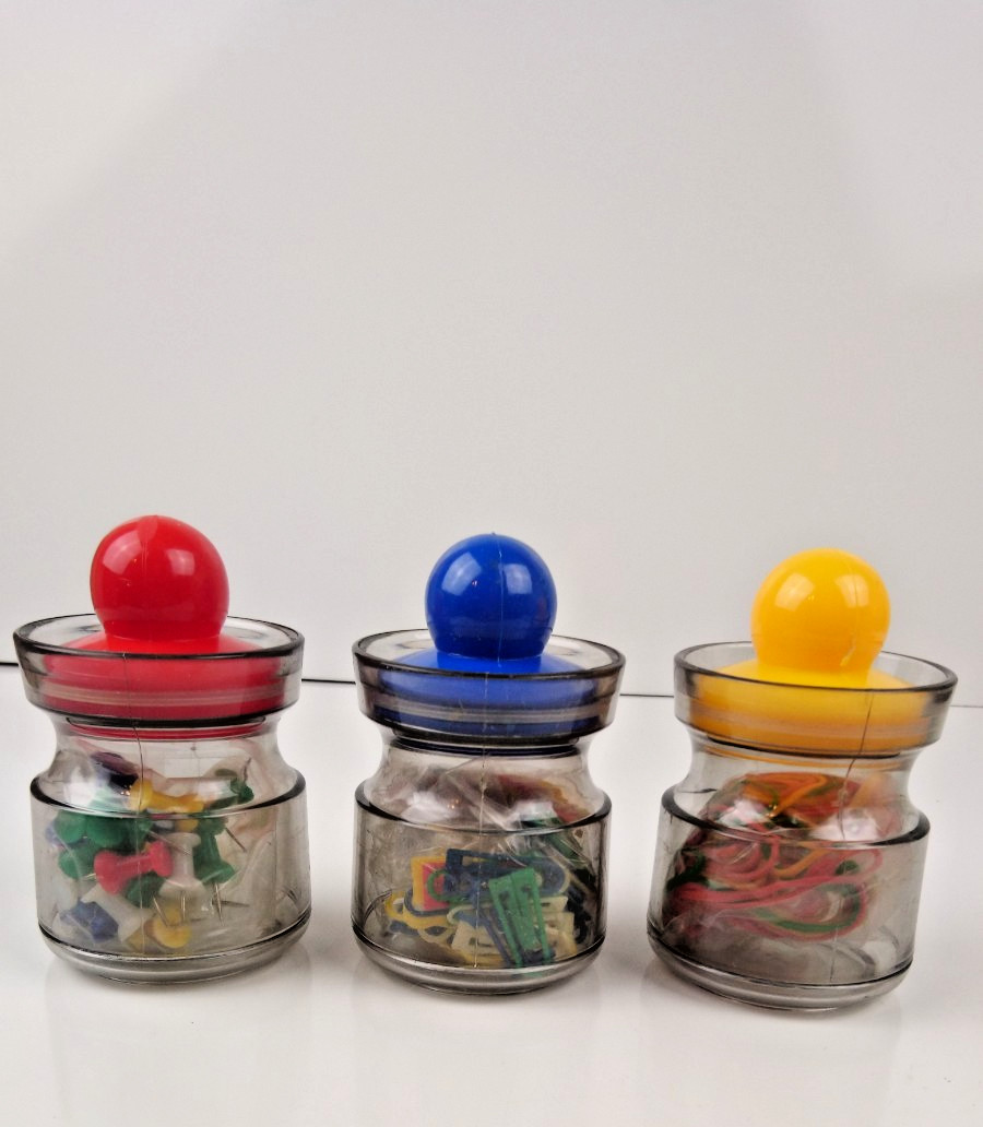 VTG 1970’s Space Age Jars With Office Supplies Acrylic Red Yellow Blue