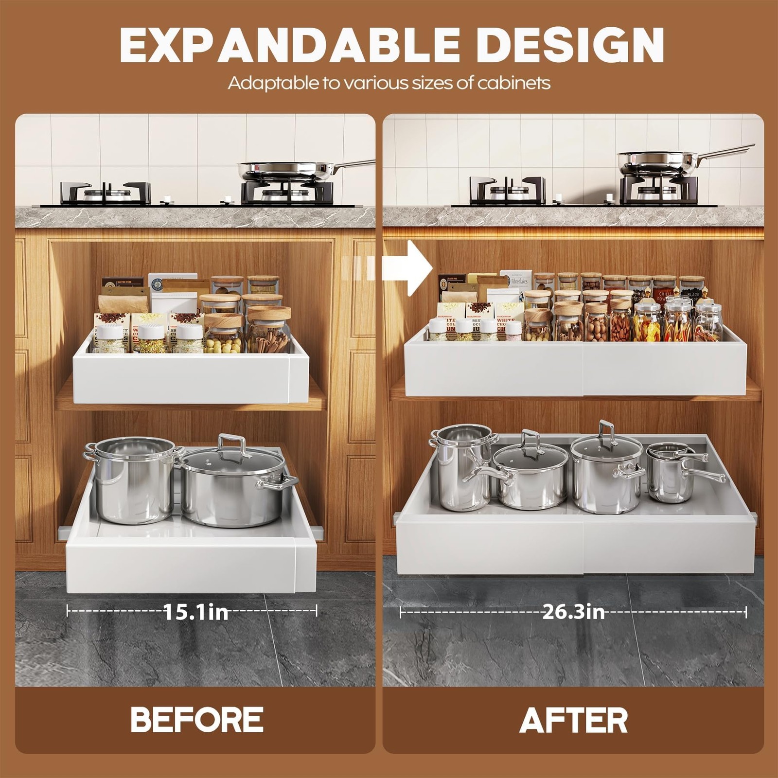 Seinloes 2 Pack Pull Out Cabinet Organizer 21″D x 15.1″-26.3″W(2Pack), White