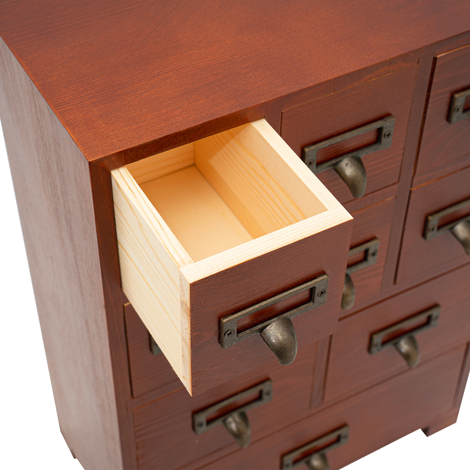 Dark Brown Retro Pine Wood Iron 9 Drawer Rectangular Storage Box Tabletop