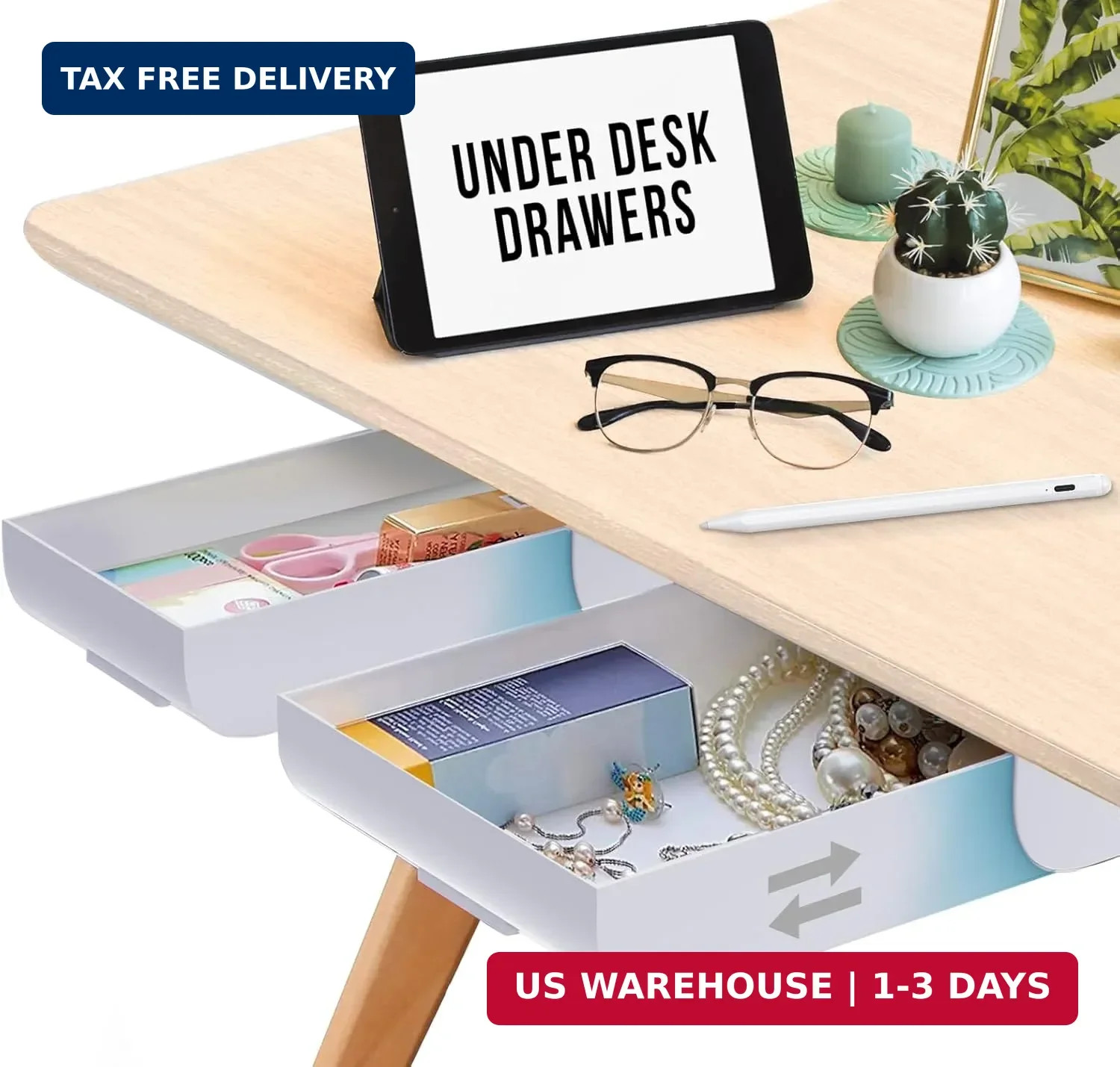 2 Pack Under Desk Drawer Organizer, Slide Out Storage for Pens, Cables & Office