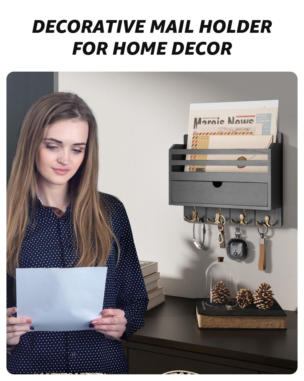 Decorative Mail Organizer – Wood Key Holder Wall Mount with Storage Drawer an…