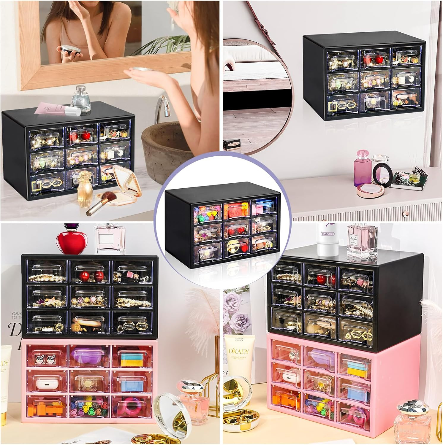 Desk Storage Organizer with 9 Drawers, FODIENS Stackable Desktop Craft Drawer Ca