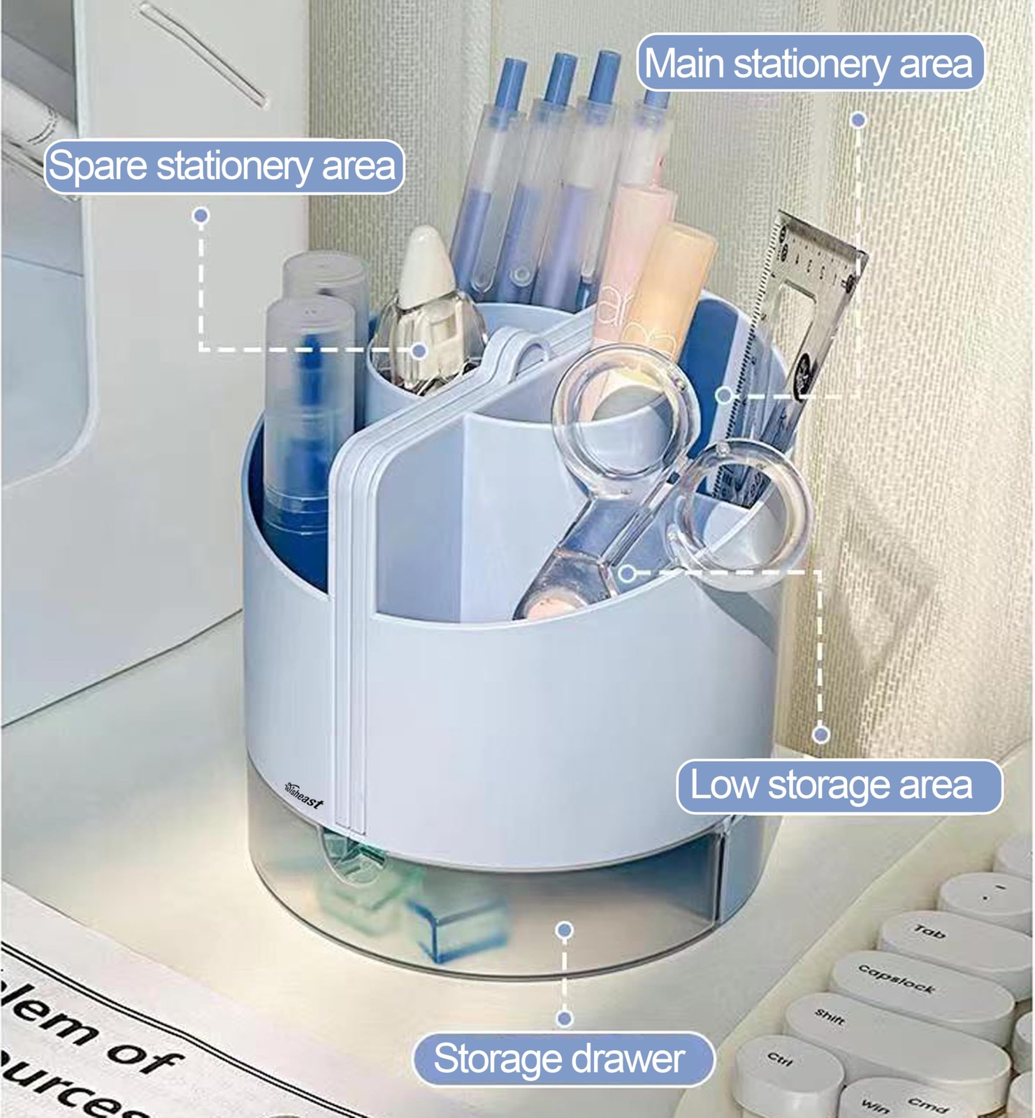 WISHEAST Desk Pencil Pen Holder with Calculator, Mirror, 7 Slots 180° Blue