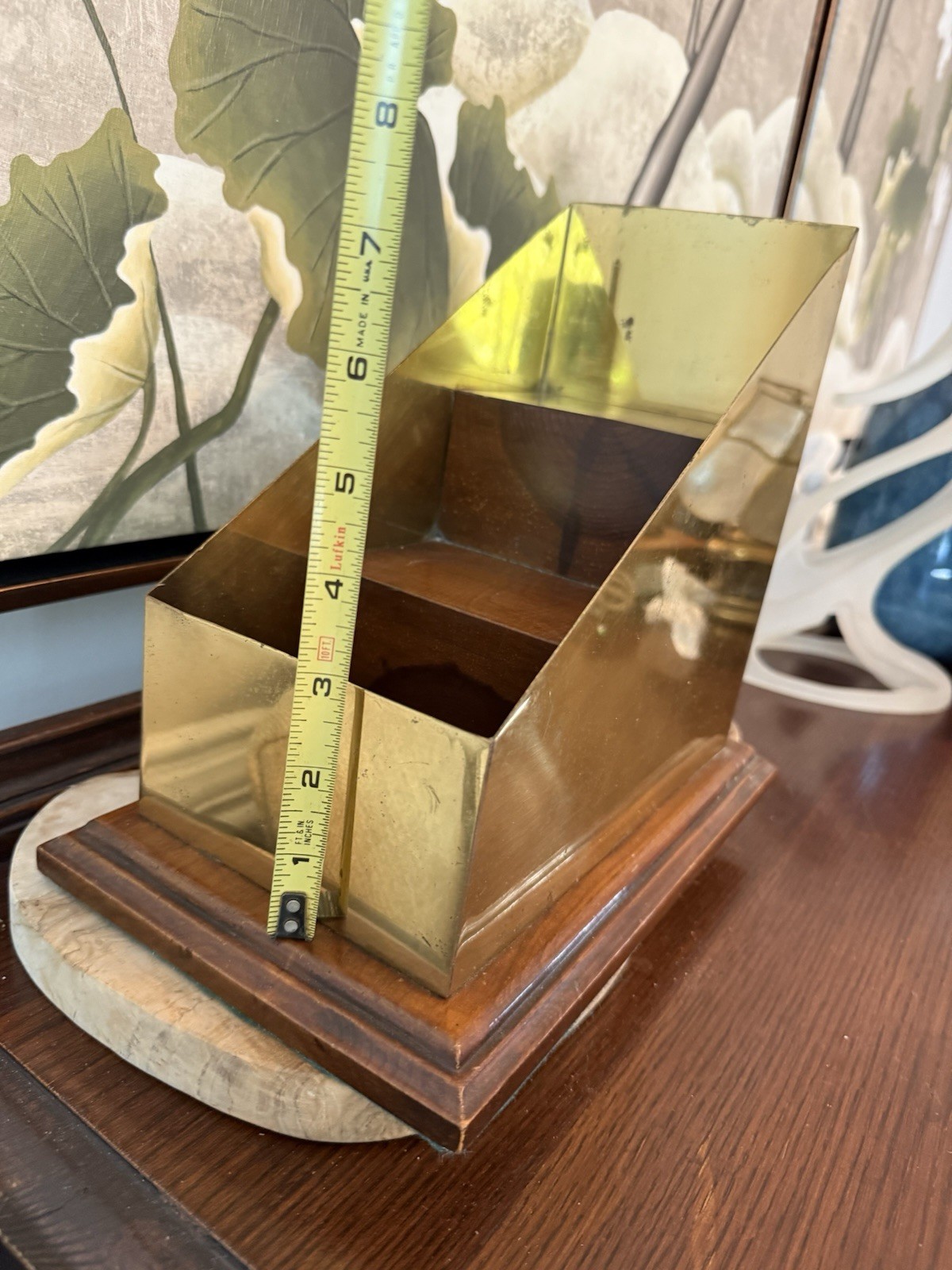 Vintage Brass & Wood Desk Organizer Display Mid-Century Office Decor Heavy