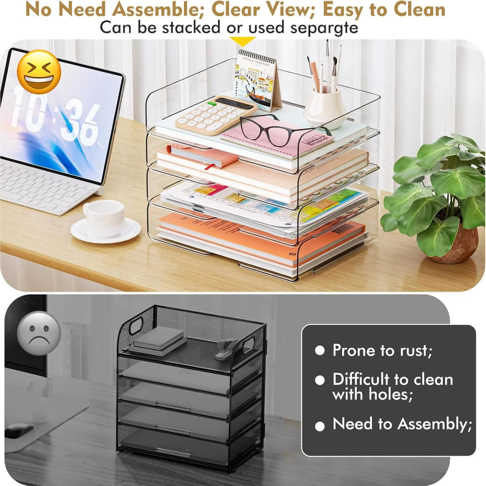Clear 4-Tier Stackable Desk Organizer, Horizontal Paper File Tray, Desktop Docum
