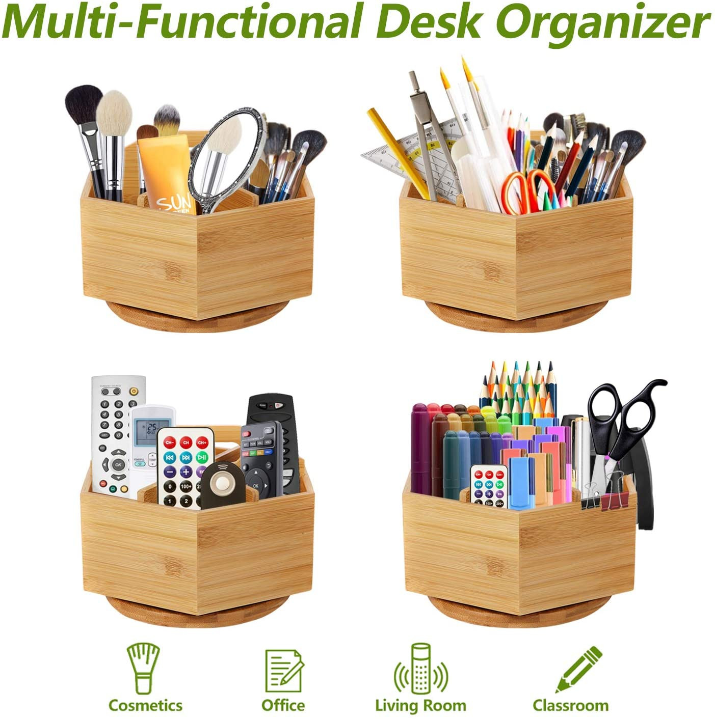 Bamboo Rotating Desk Organizer 6 Compartment Pen Pencil Holder Caddy
