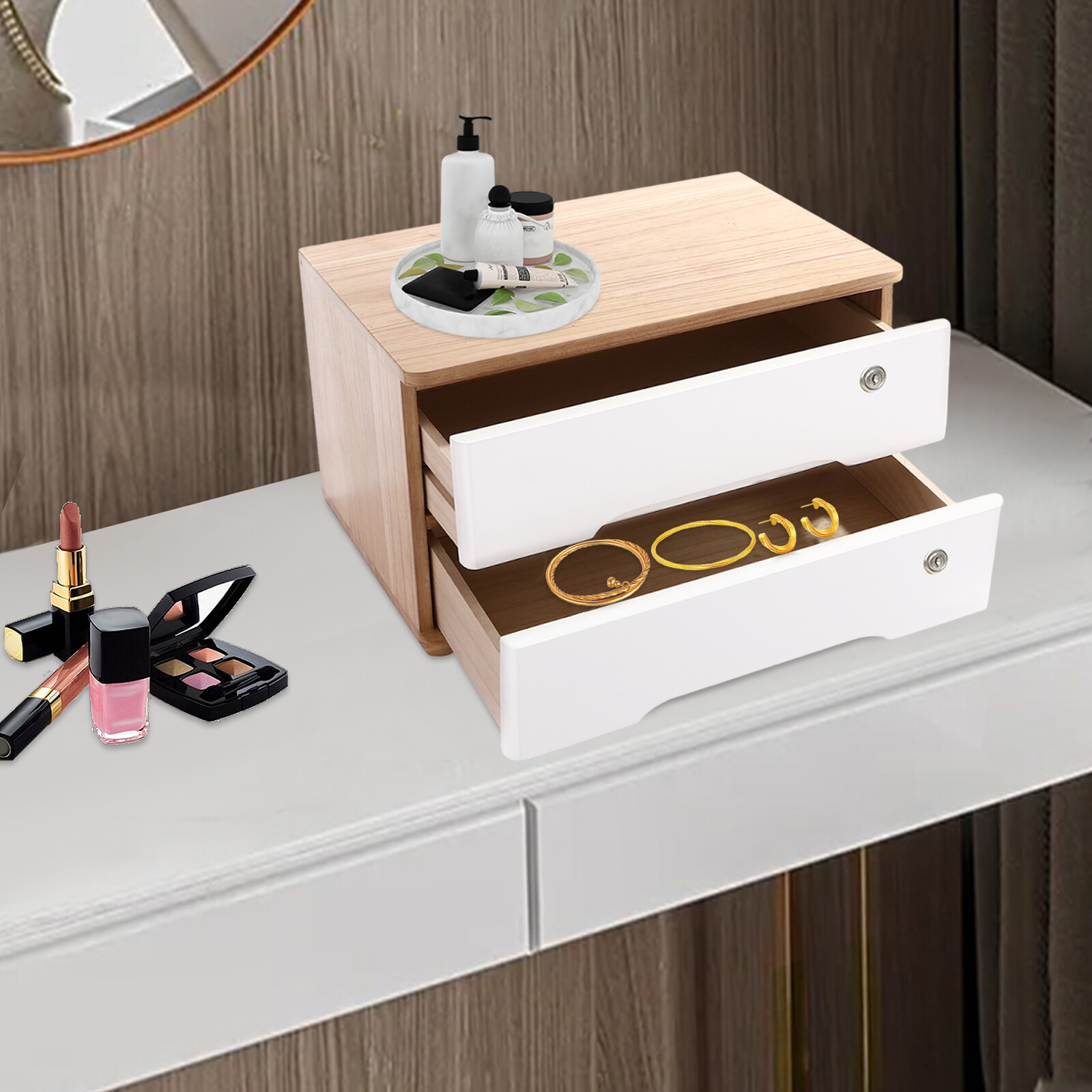 2 Tier Desktop Organizer with 2 Lockable Drawers Wooden Desk Storage Box