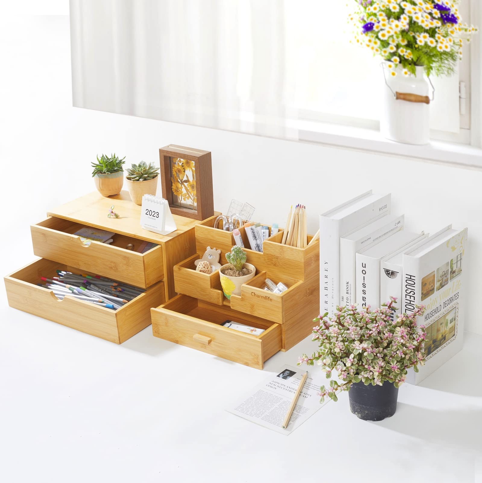 Bamboo Desk Organizer With Drawers Countertop Drawers Counter Storage Box Cor…