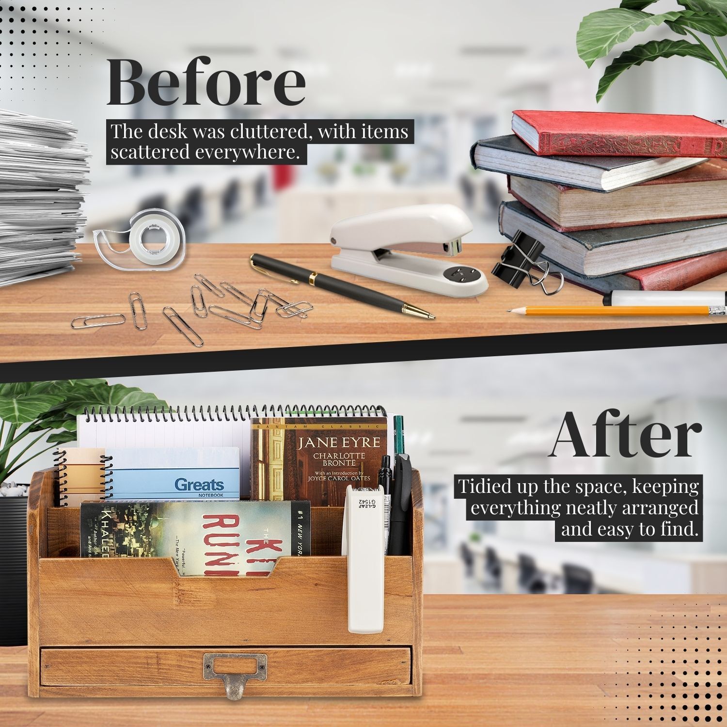 3 Tier Wooden Desk Organizer – Rustic Slot Sorter Shelf Holder with Drawer
