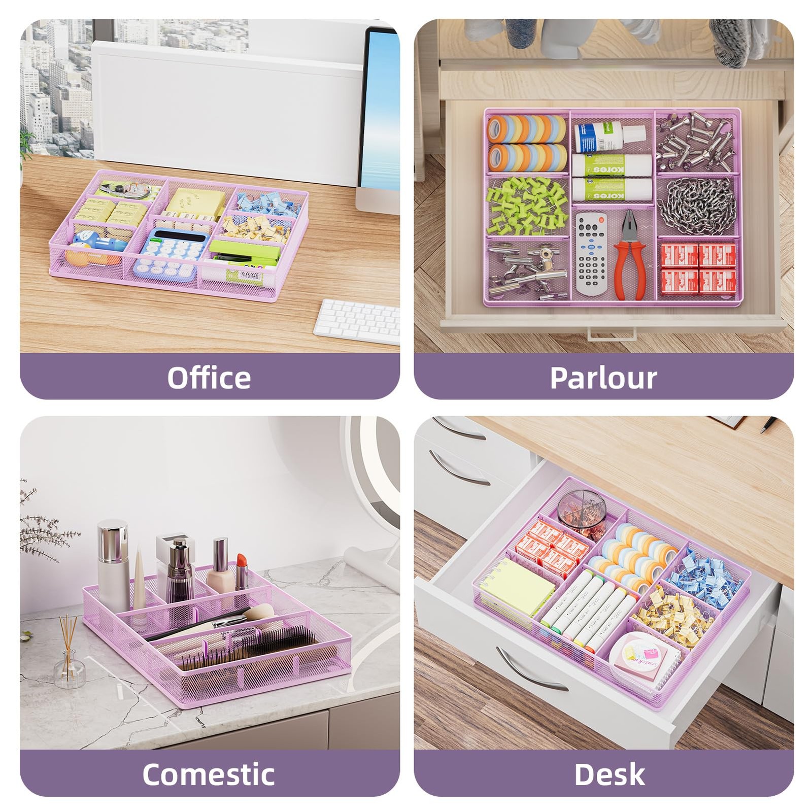 Desk Drawer Organizer, Metal Mesh Drawer Organizer Tray with 5 Adjustable Com…