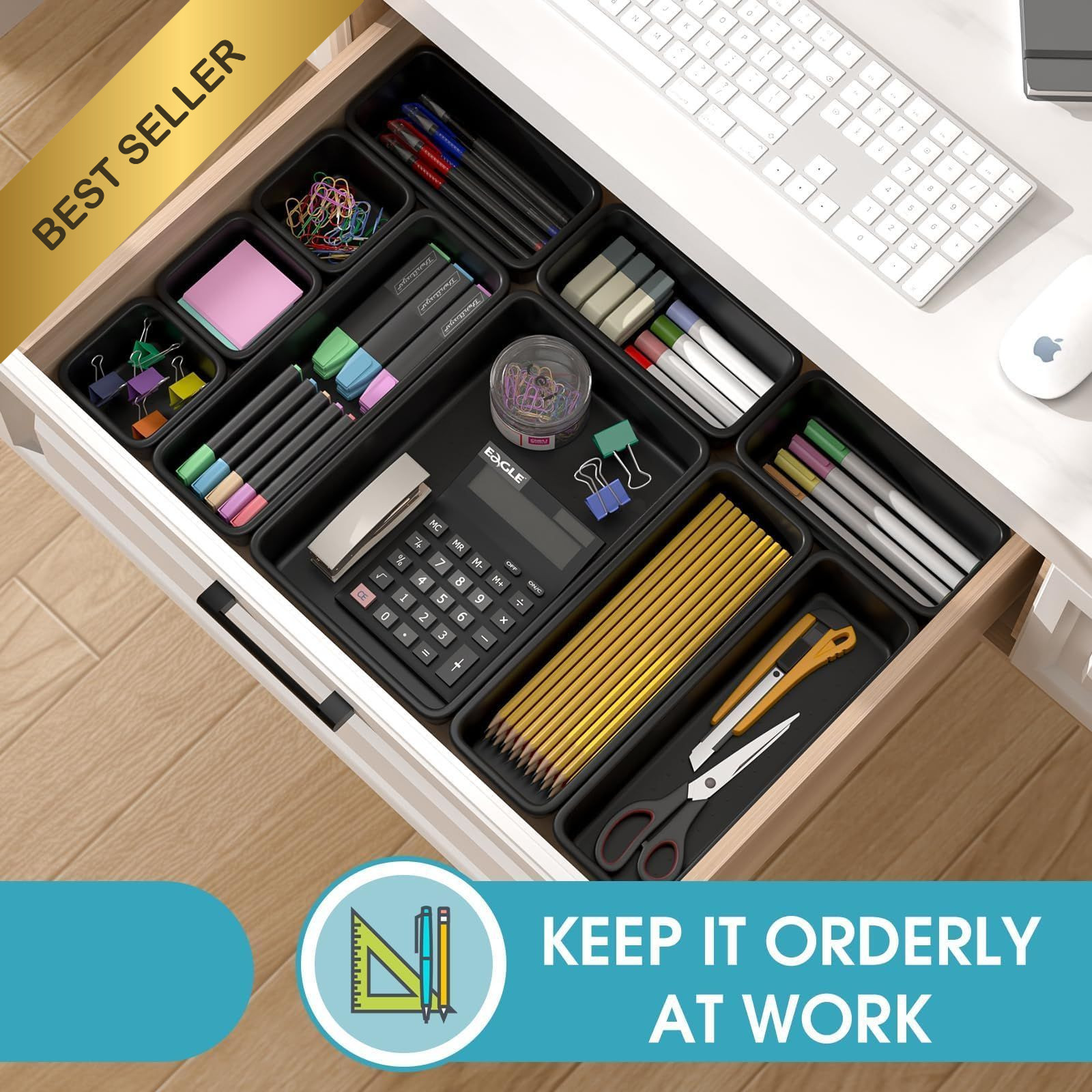 10 PCS Black Drawer Organizer Set 4 Size Interlocking Plastic Storage Bins