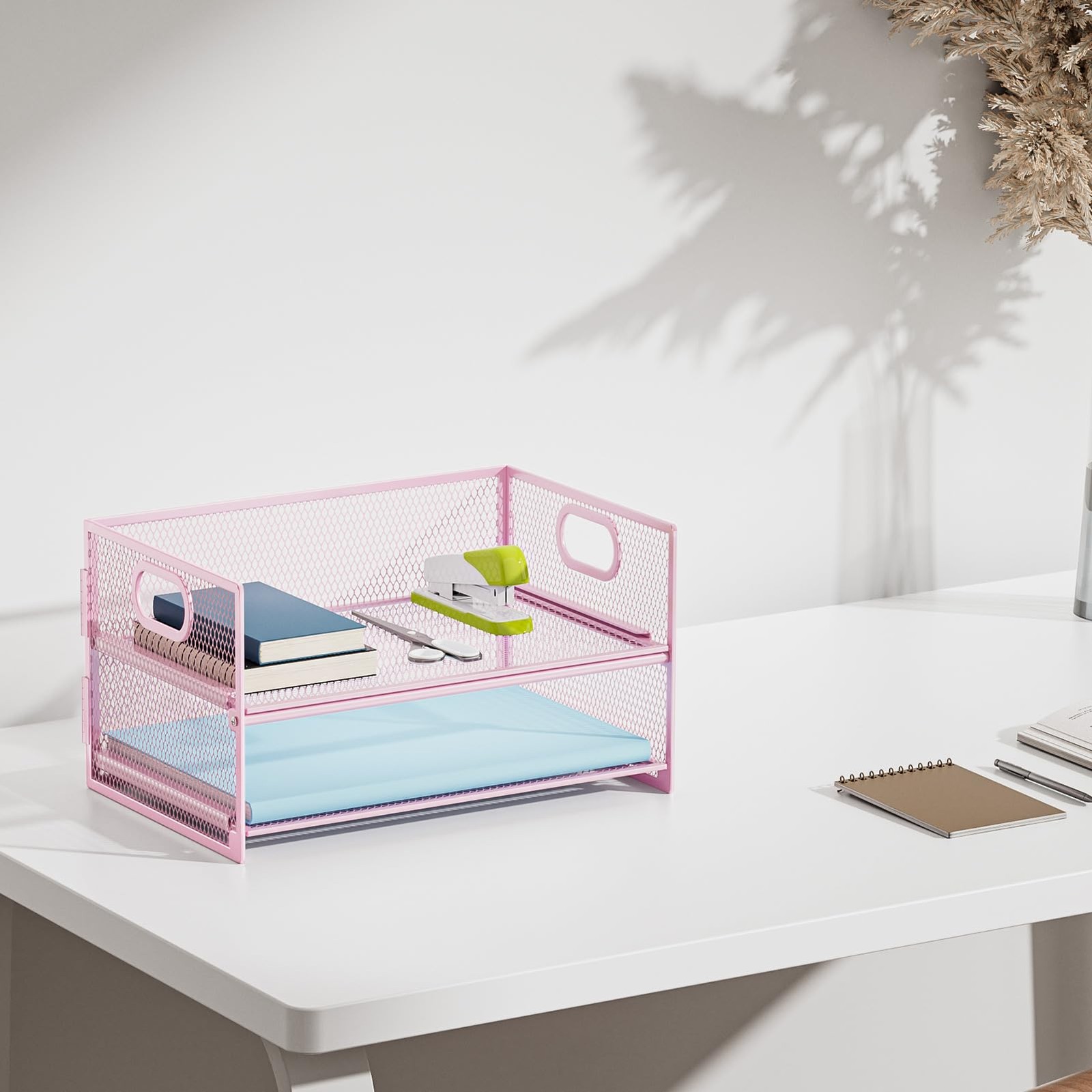 Pink 2~Tier Mesh Letter Tray Organizer with Handle for Office Desk