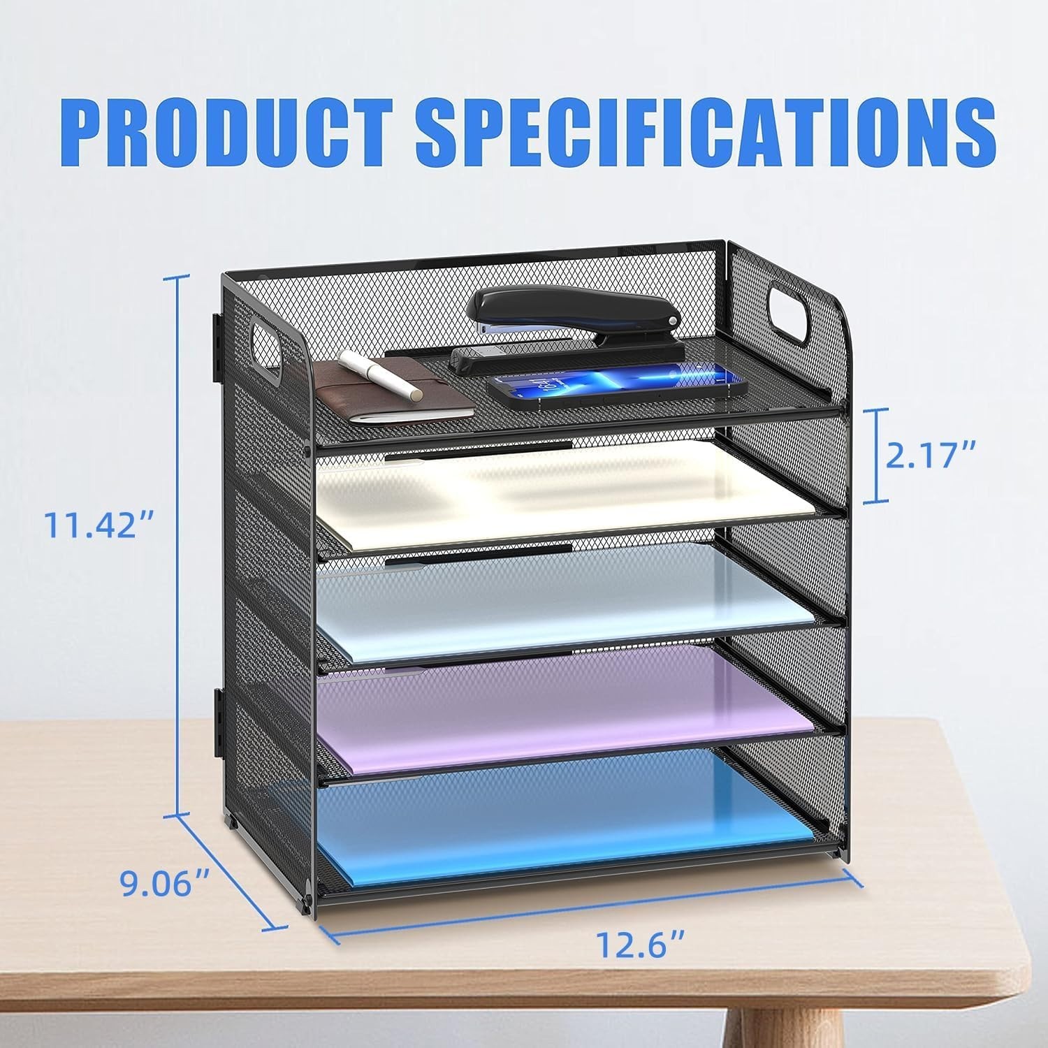 5 Tray Paper Organizer Letter Tray with Handle-Mesh Desk File Holders Organizer
