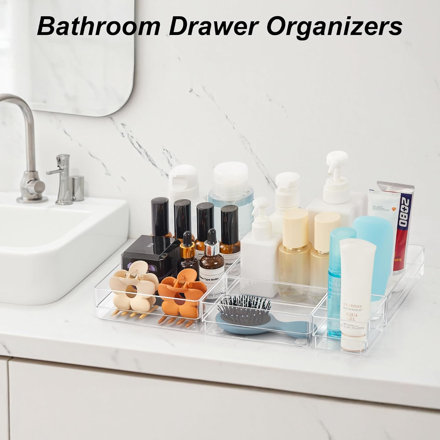 7-Piece Clear Drawer Organizer Trays with Non-Slip Pads for Desk Kitchen