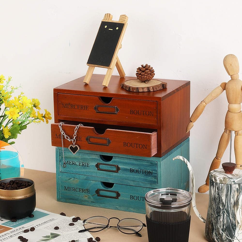 Wooden Storage Box Rustic Desktop Organizer with 2 Drawers Office Desk Access…