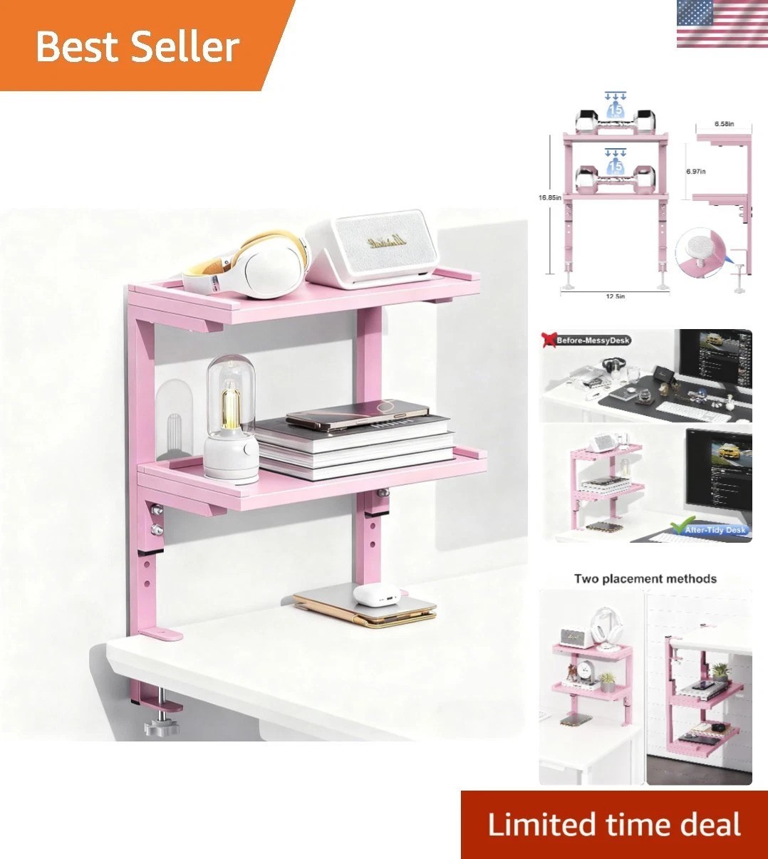 Elegant 2-Tier Adjustable Desk Shelf Organizer in Pink – No Drilling Required