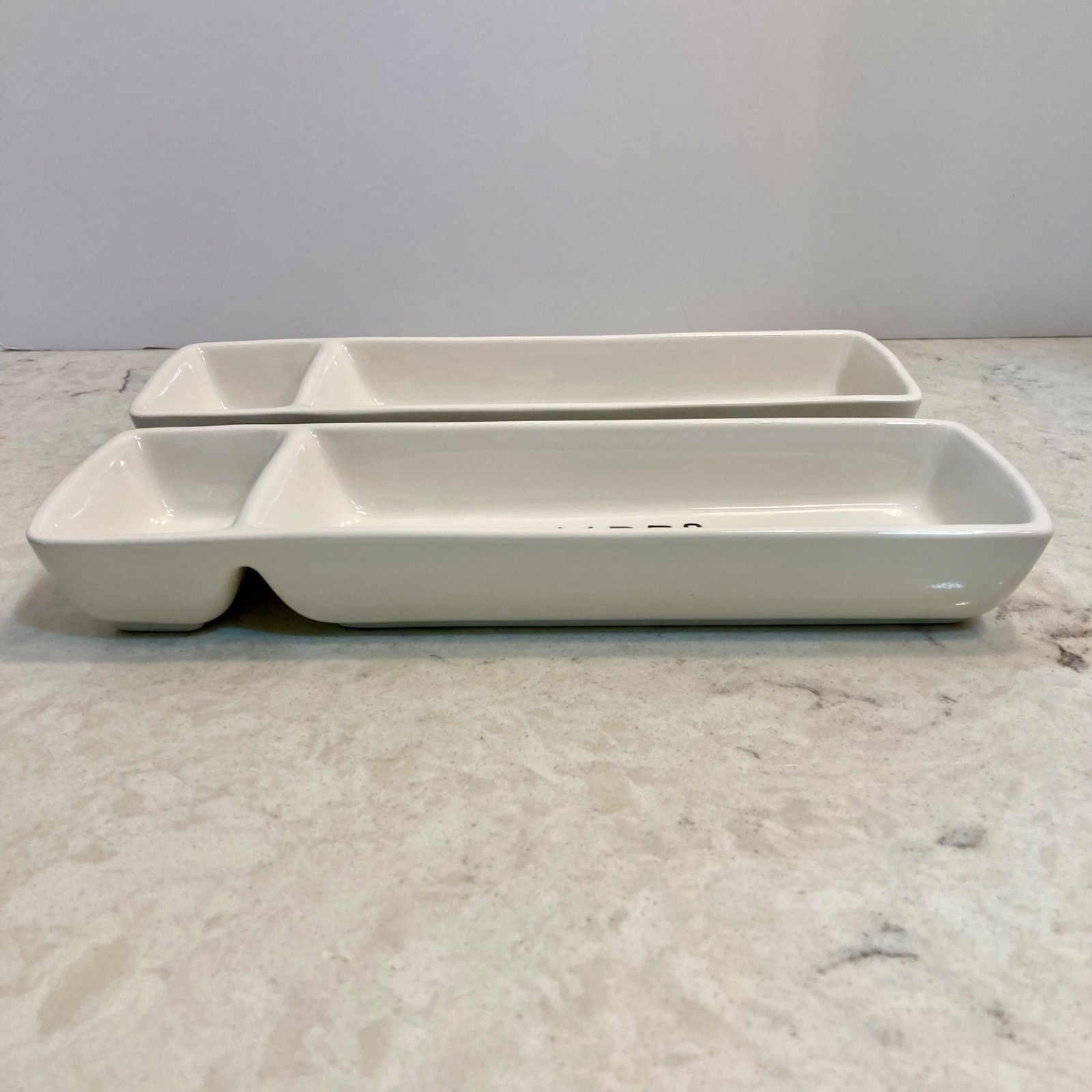 Set of 2 Rae Dunn “KEEP” Divided Dish Office/kitchen Organizer White 11”x3.5”