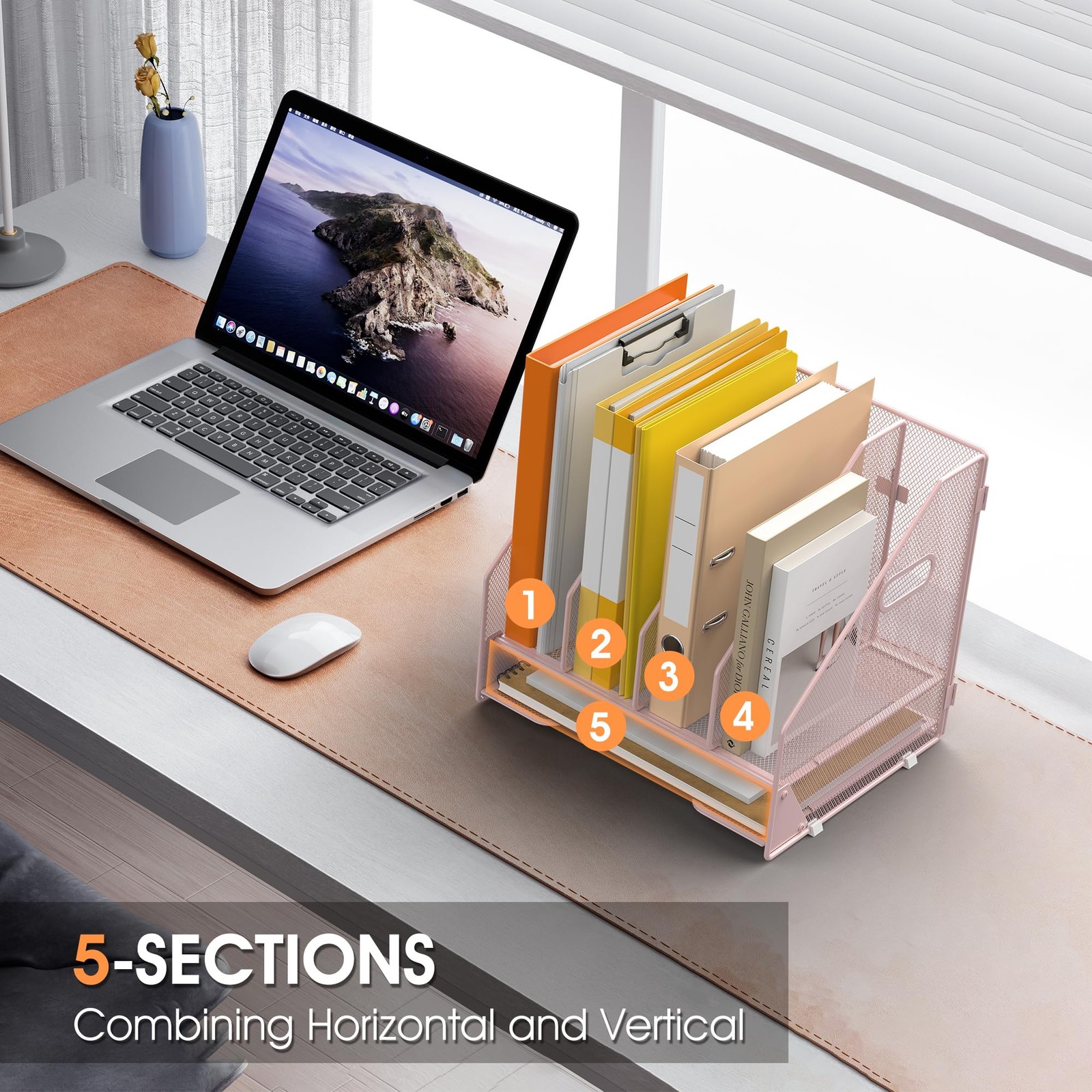 Desk File Folder Holder Organizer-4 Vertical Compartments Racks and Paper Let…