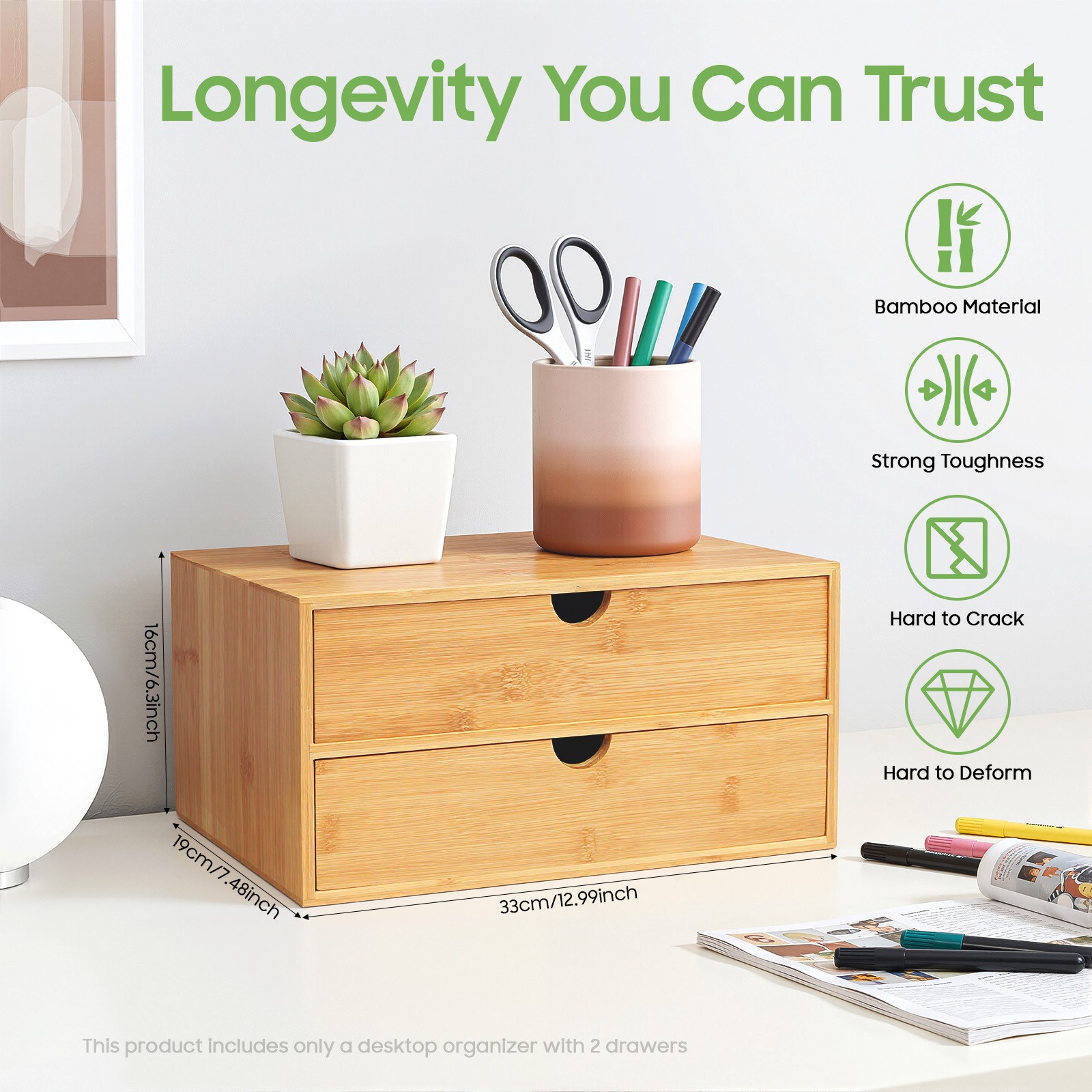 Bamboo Desk Organizer -Tabletop Mini Bamboo Desk Drawer Storage Box w/ 2 Drawers