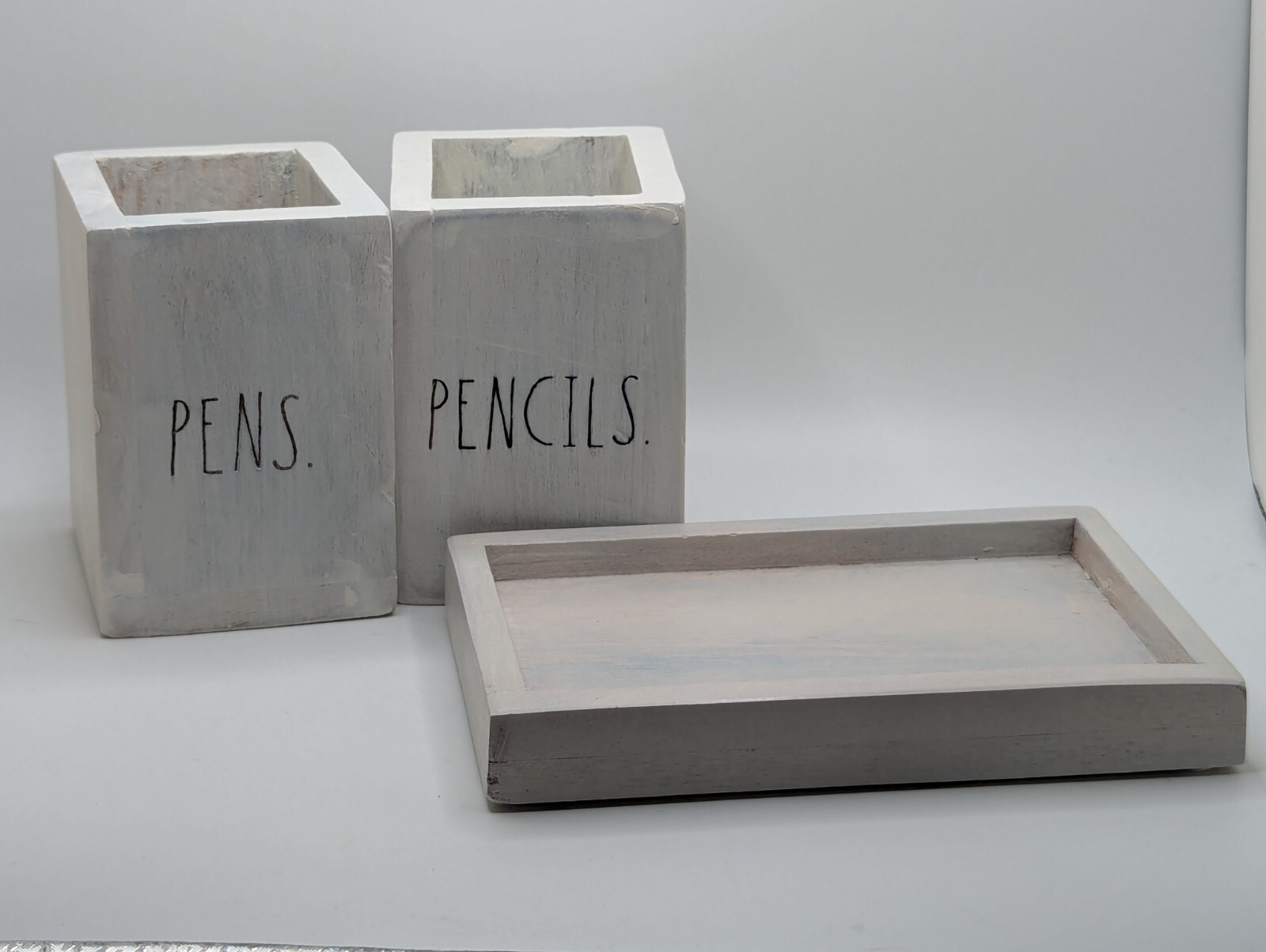 NEW Rae Dunn Wooden Pen and Pencil Holder with Base Tray White Wash Color