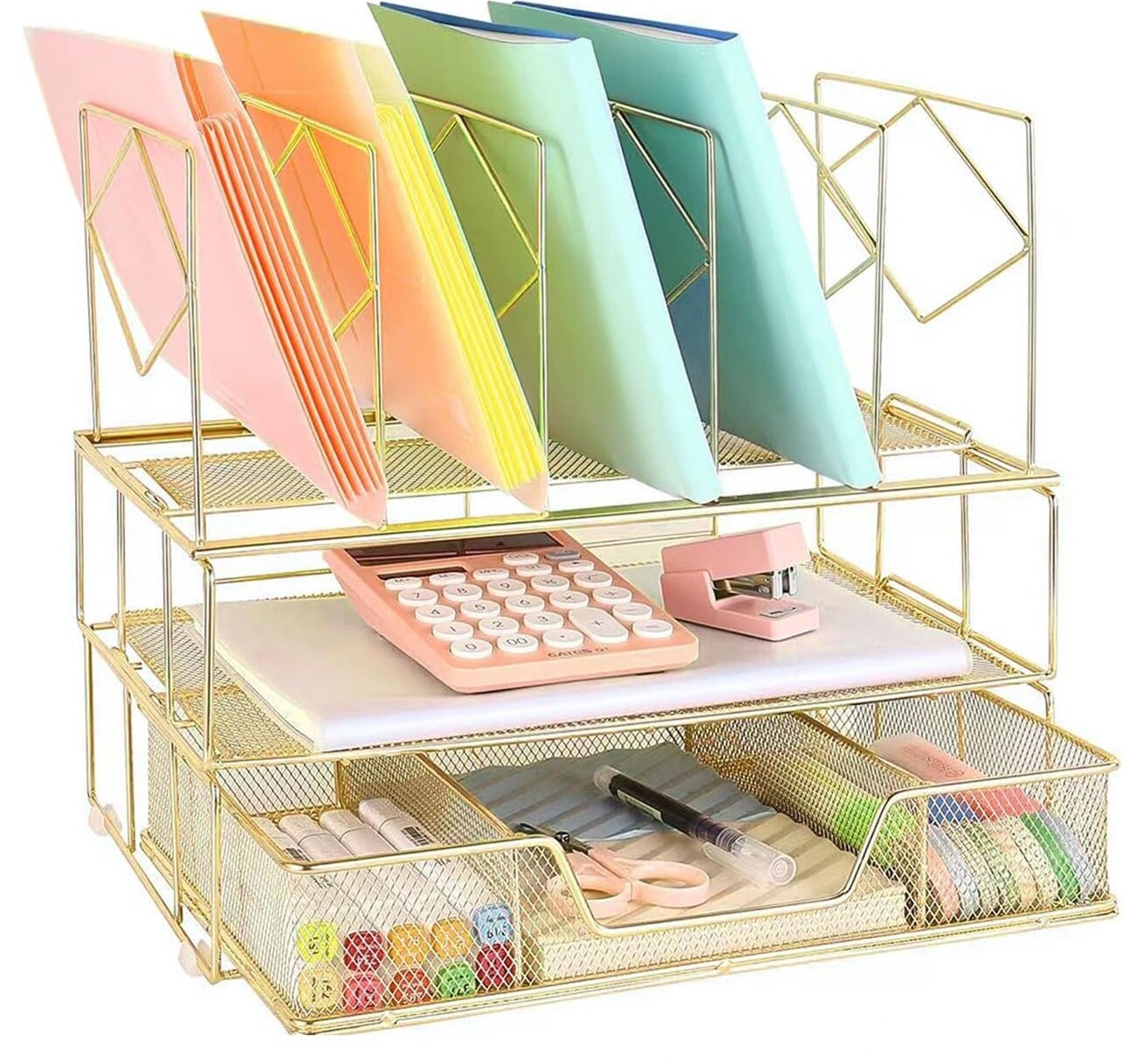 Mesh Desk Organizer with Sliding Drawer, Double Tray and 5 Upright Sections