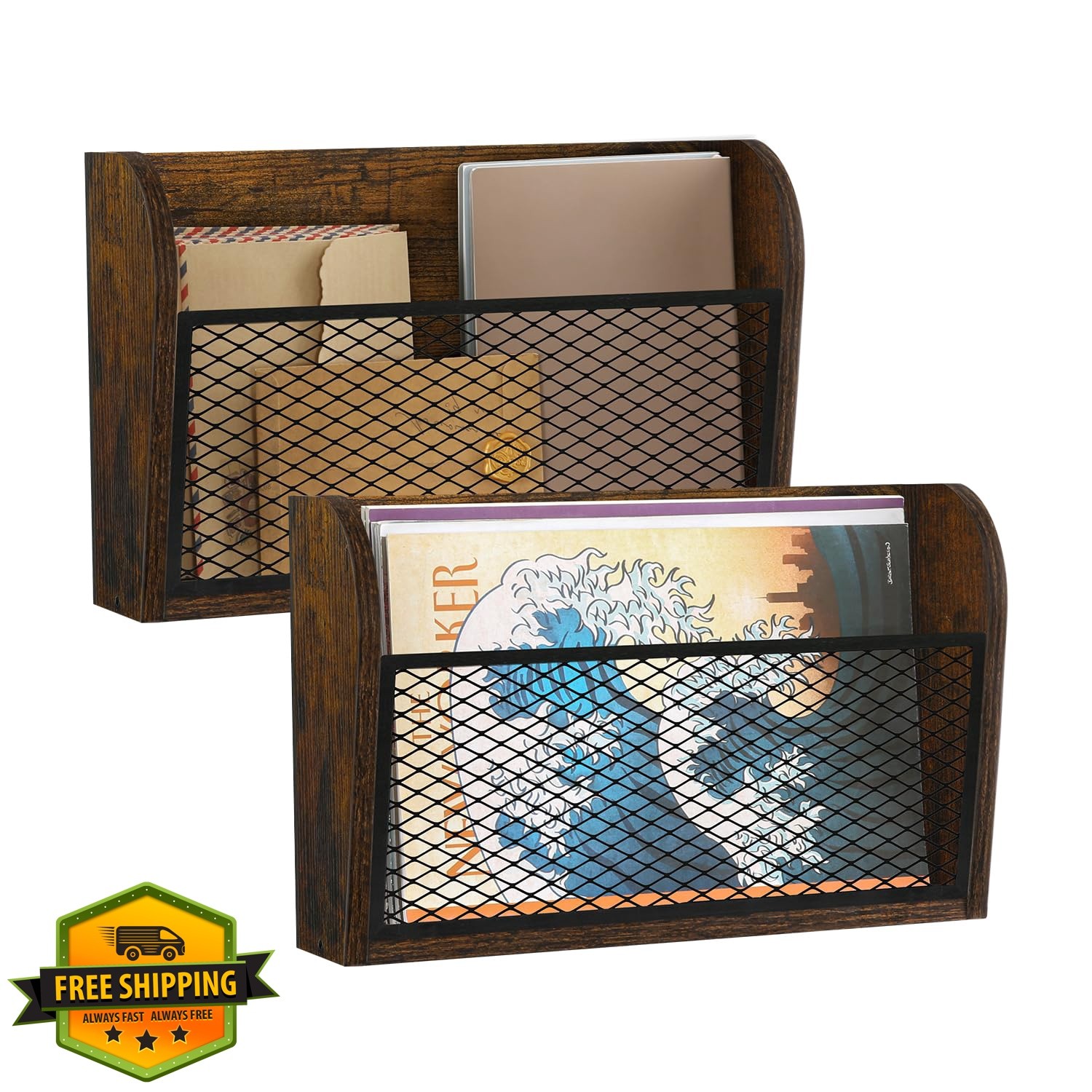 YINMIT 2PC Rustic Brown Wall File Organizer