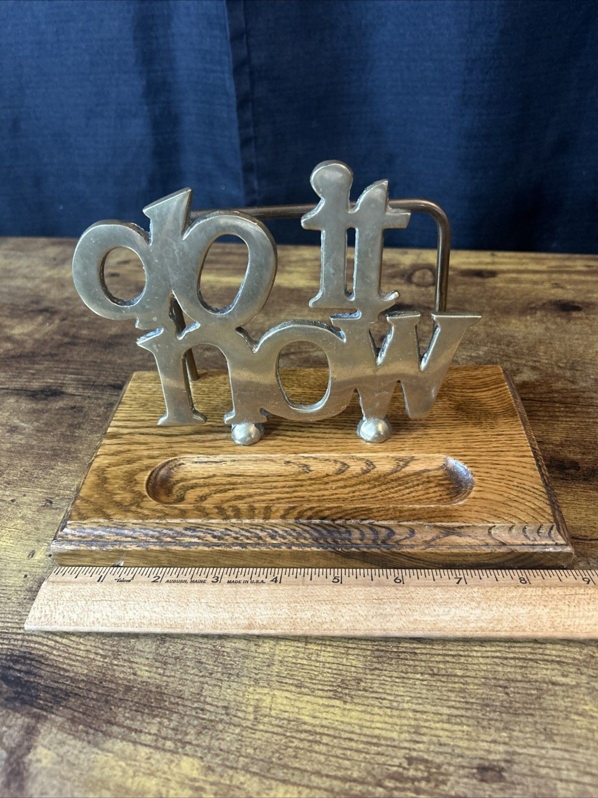 Desk “Do it Now” Letter Paper File Organizer Caddy Valet W/ Wood Base Vtg Retro