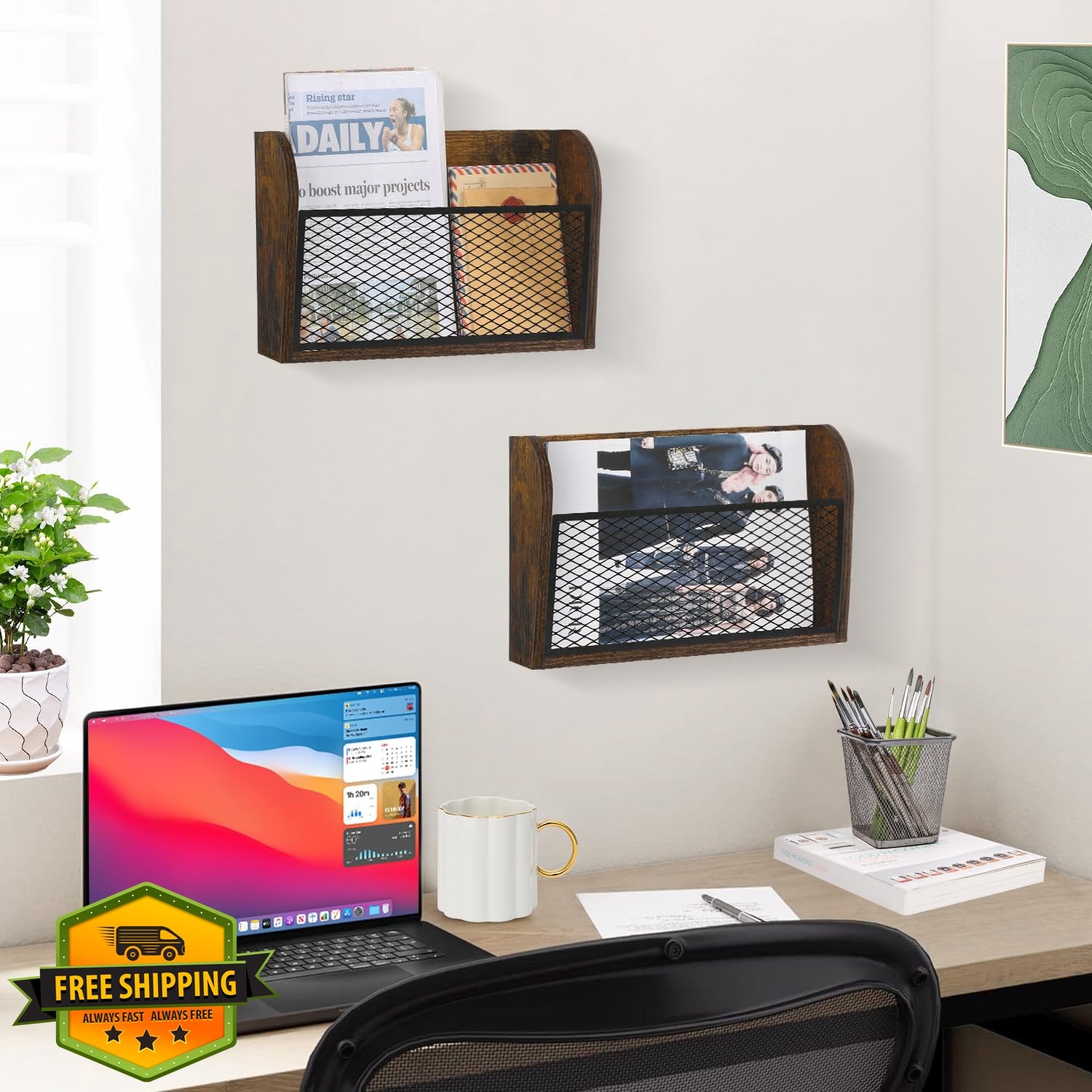 YINMIT 2PC Rustic Brown Wall File Organizer