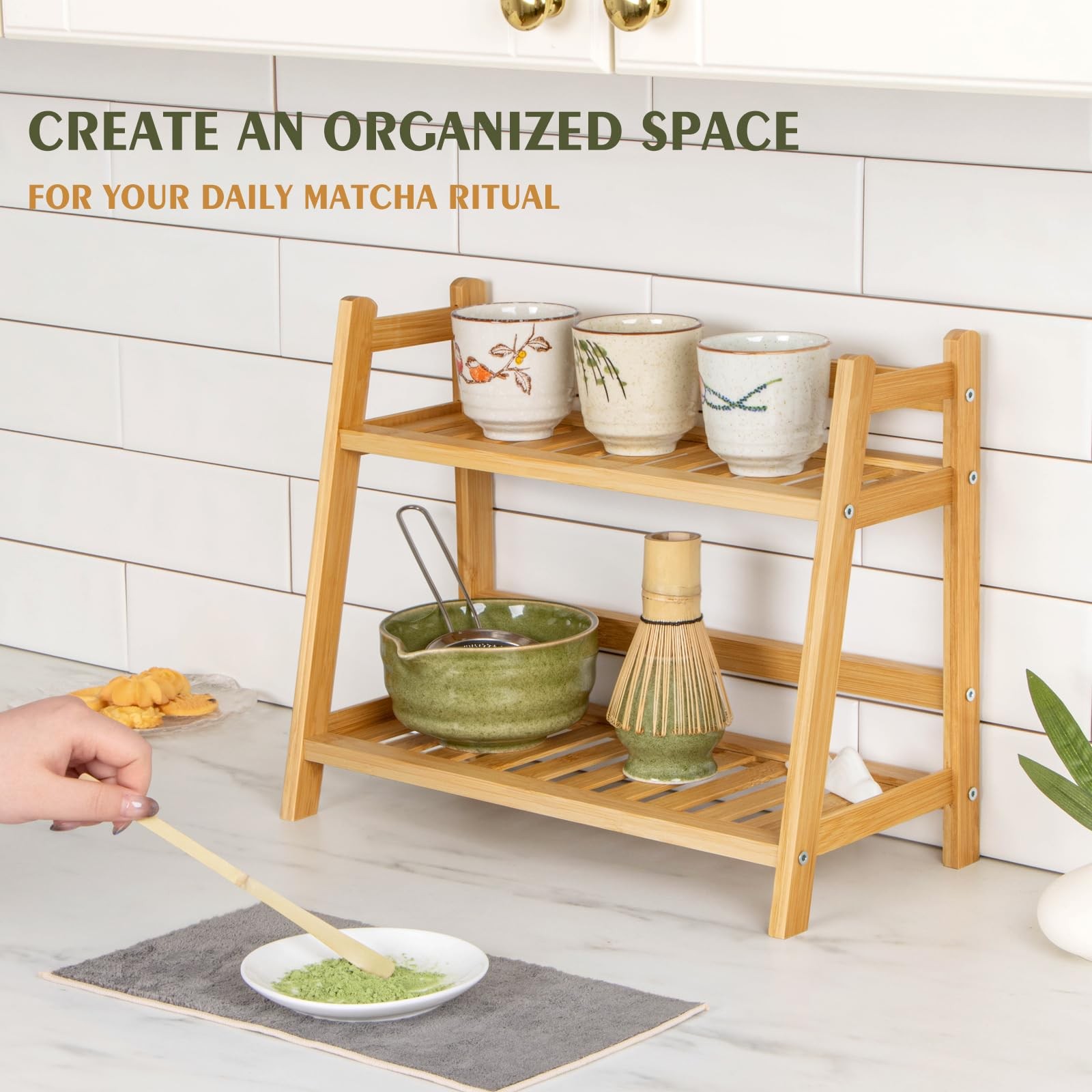 ANBOXIT Bamboo Matcha Station Organizer, Countertop 2 11.7 inches, Natural