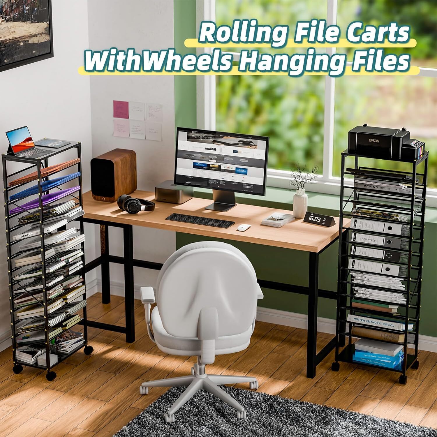 15 Tier Rolling File Cart, Mobile Desk File Organizer with Metal Mesh Paper Lett