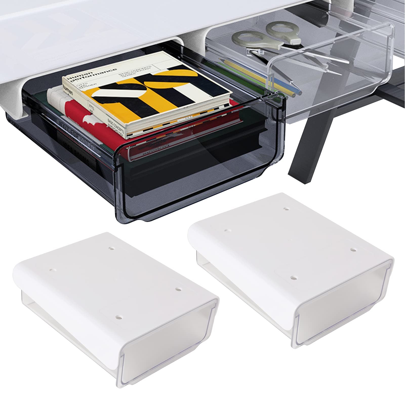 Self-adhesive Under Desk Drawer, 2 Packs Table Hidden Organizer Slide Out Lar…