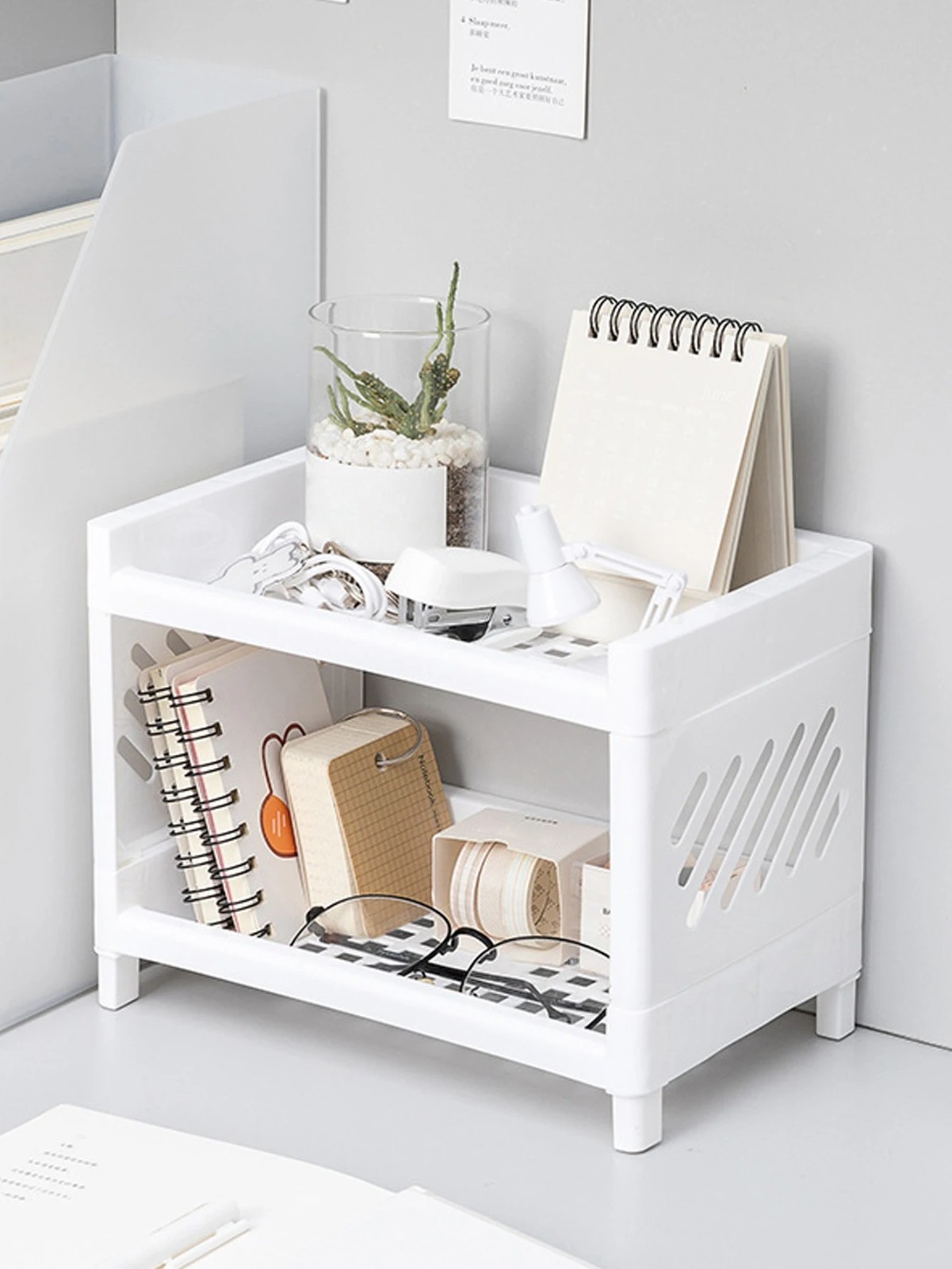 Double Layer Desktop Storage Rack PP Organizer Office Makeup Stationery Holder