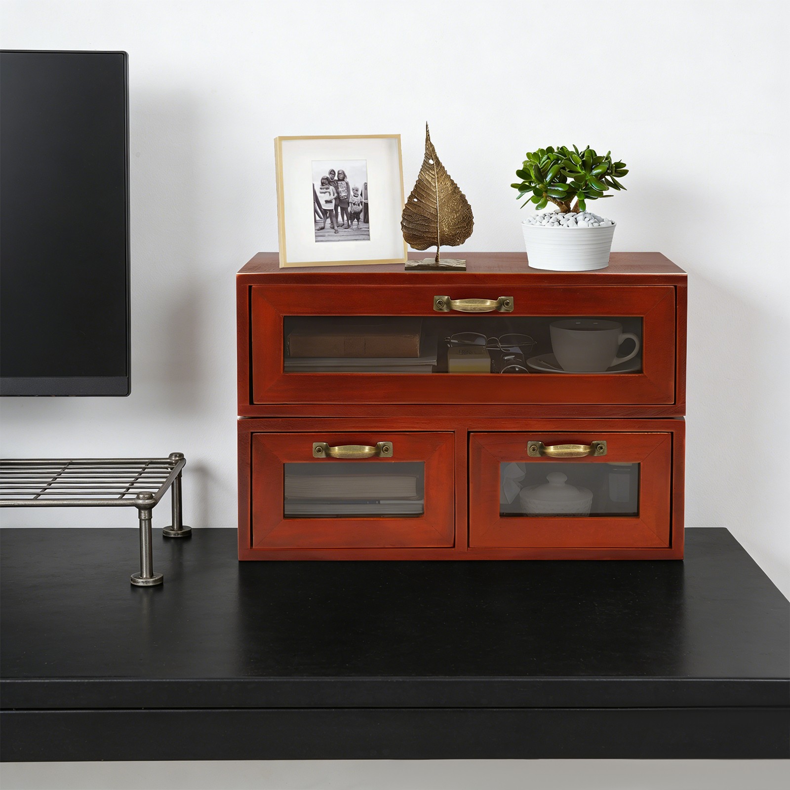 Stackable Wooden Storage Cabinets, 2 Desktop Organizing Cabinets with 3 Drawers