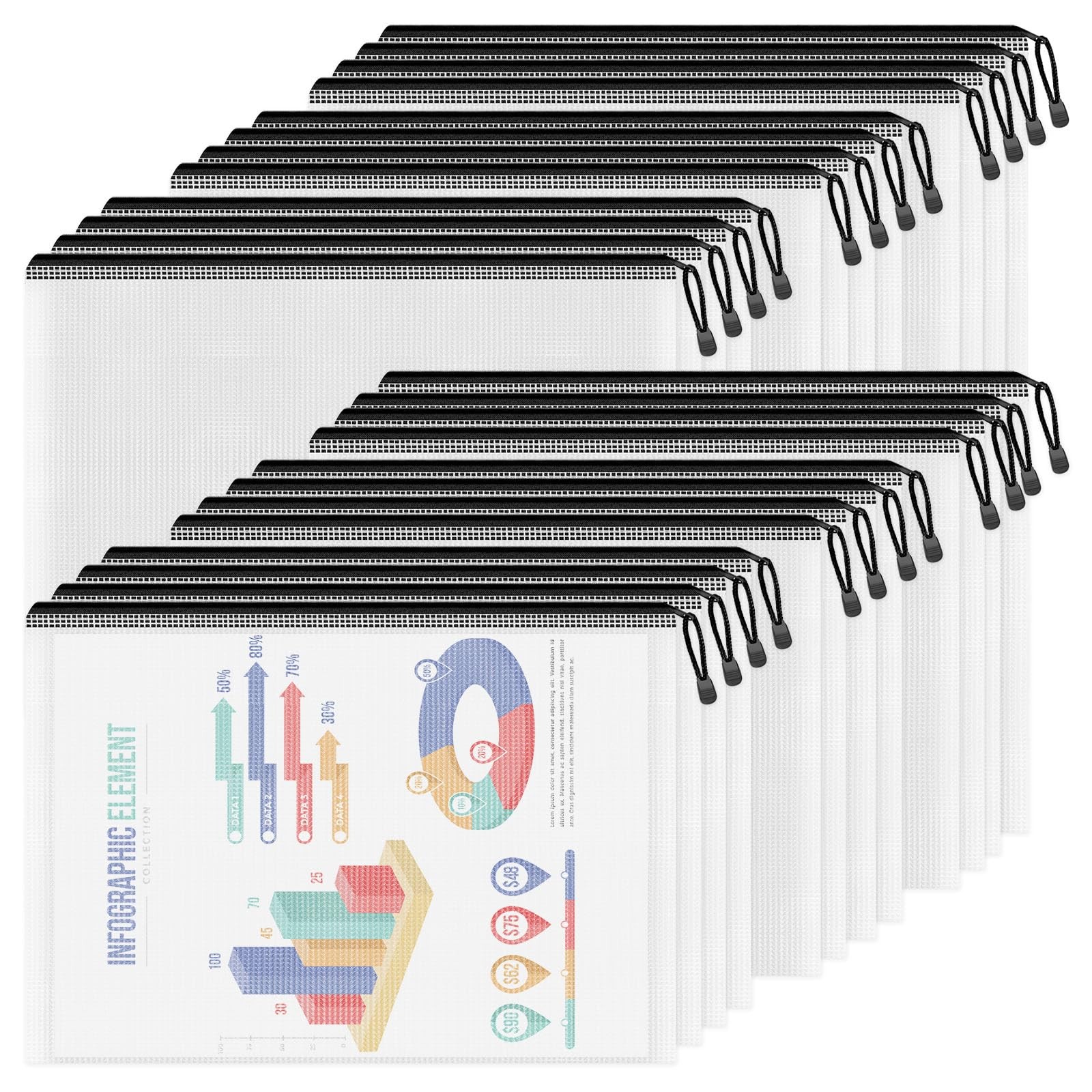 A4/Letter Mesh Zipper Pouch 24 Pack 13×9.4 Inch Plastic Waterproof Bags Black