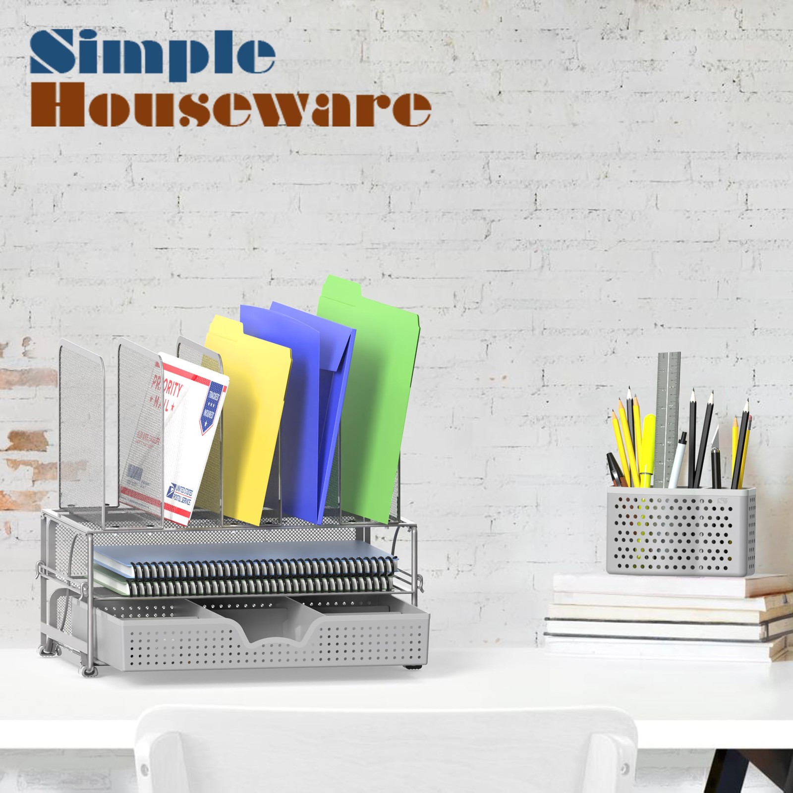 Mesh Desk Organizer with Sliding Drawer, Double Tray and 5 Upright Sections, …