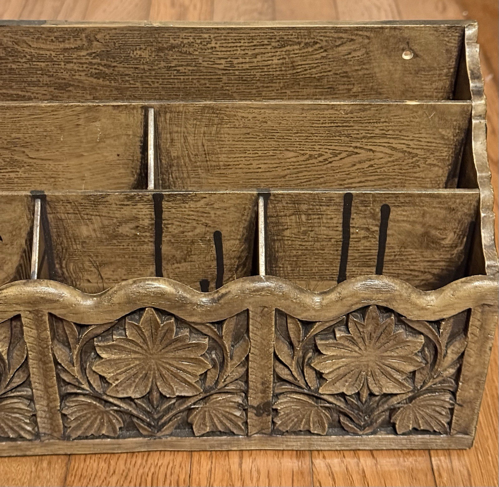 Vintage Lerner Desk Organizer Sorter Caddy Faux Carved Wood Mail Bills Utensils