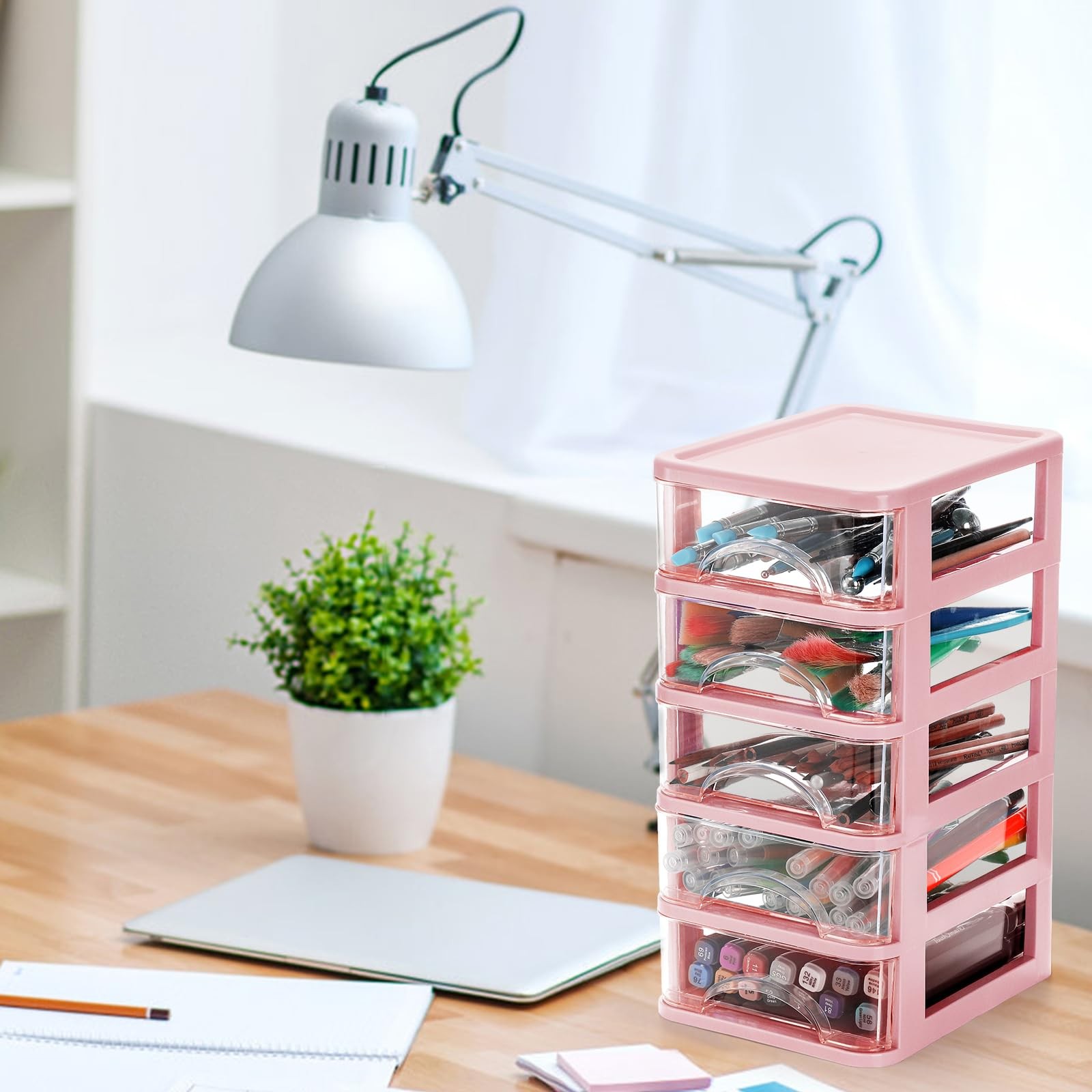 Hedume Desktop Drawer, Clear 5-Drawer Storage Unit, Small Pink,