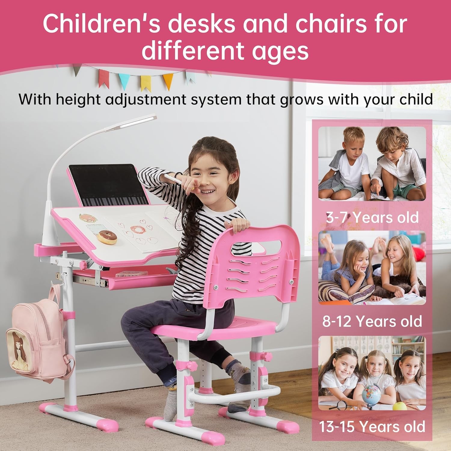 Kids Desk and Chair Set, Height Adjustable Child’s School Study Writing