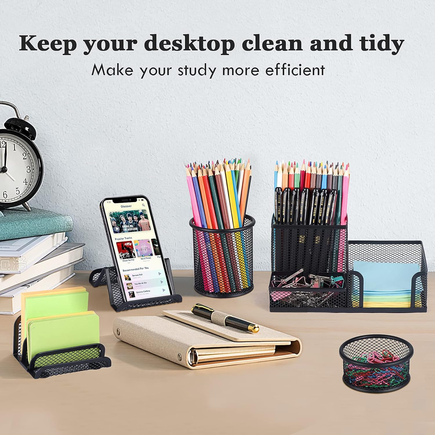 Desk Organizers Set with Mesh Pen Holder Cup, 3 Compartments Black Office