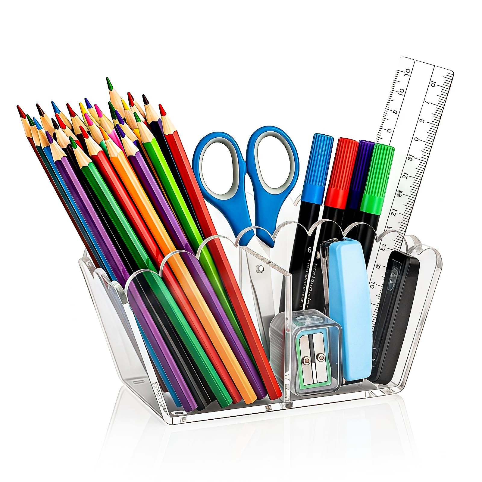 Novacrylion Clear Acrylic Pen Holder 2-Compartment Scalloped Desk Caddy