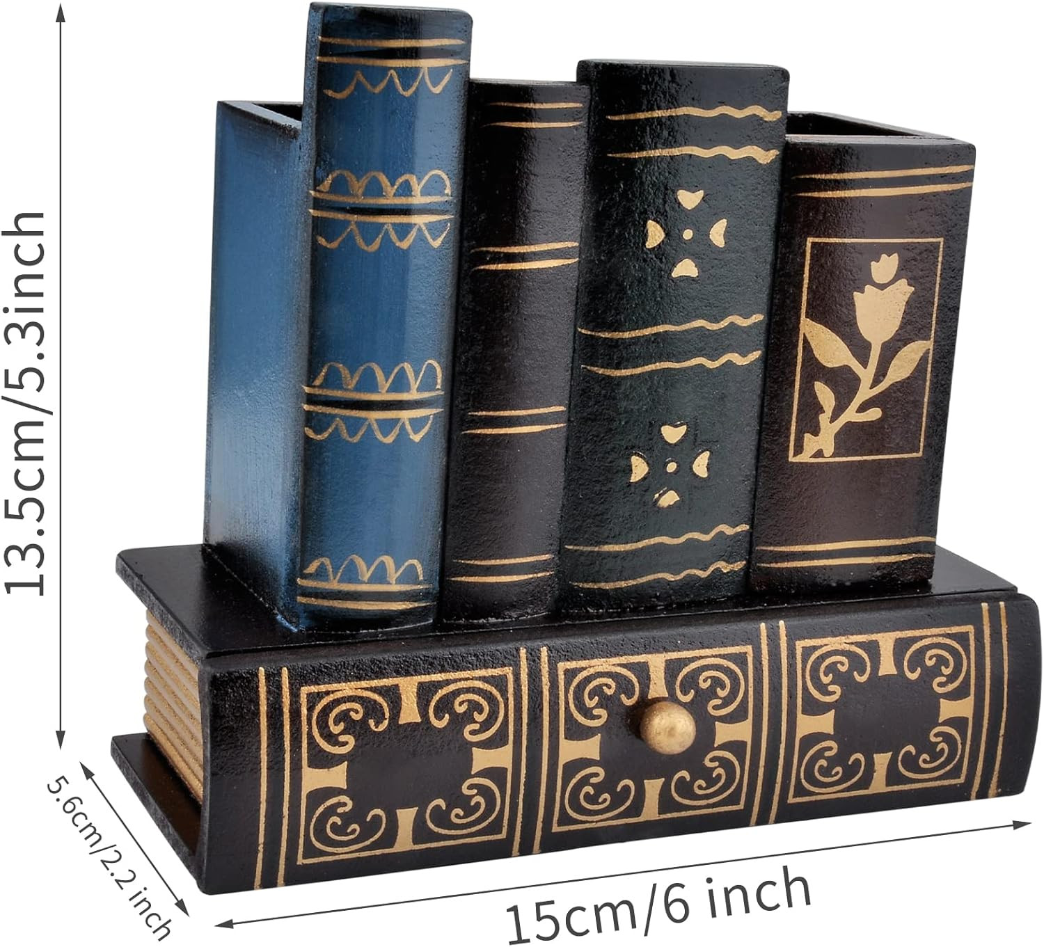 Vintage Book Pen Holder Retro Pen Desk Organizer with Drawer Wooden Fake Book Sh