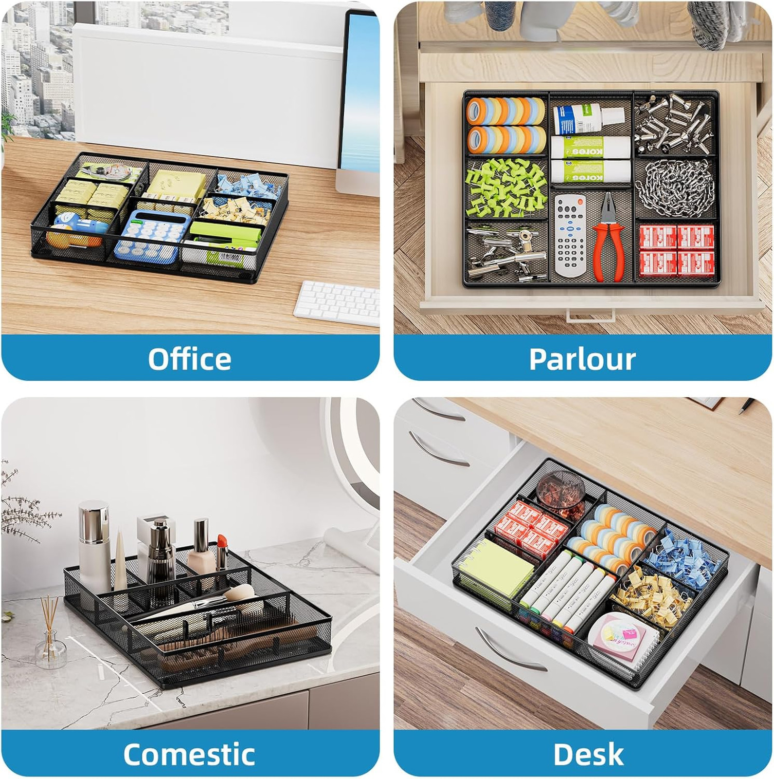 Desk Drawer Organizer Metal Mesh, Adjustable Compartments, Home Office Storage
